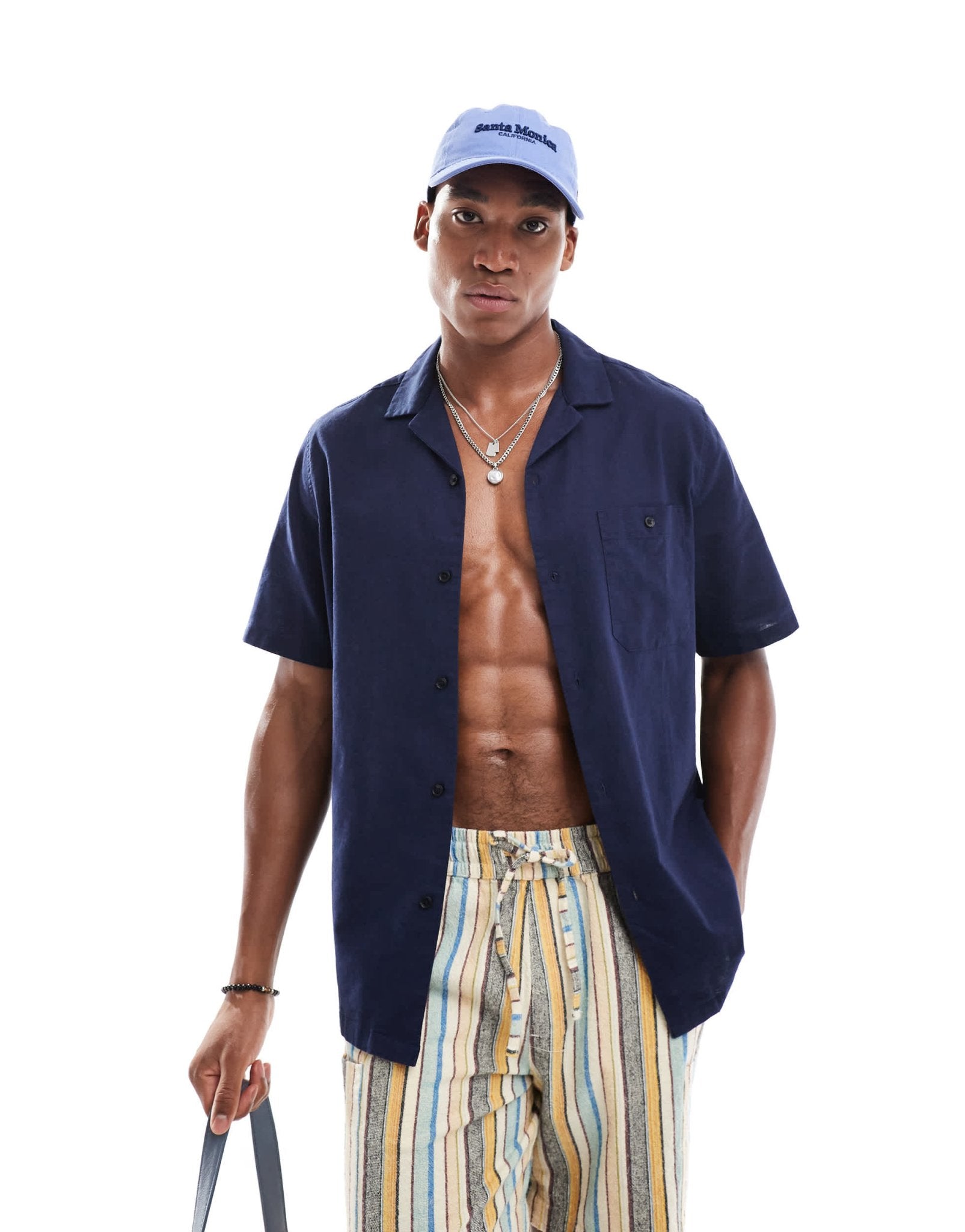 ASOS DESIGN relaxed linen blend shirt with revere collar in navy - ASOS Sample Sale