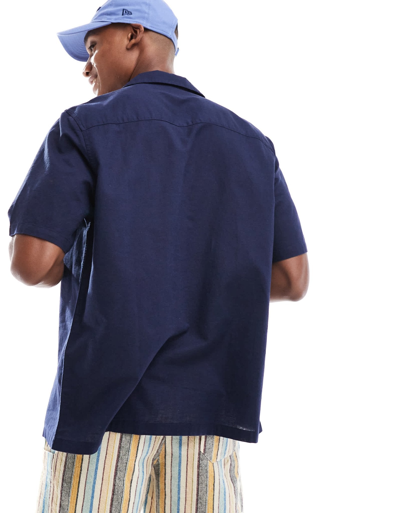 ASOS DESIGN relaxed linen blend shirt with revere collar in navy - ASOS Sample Sale