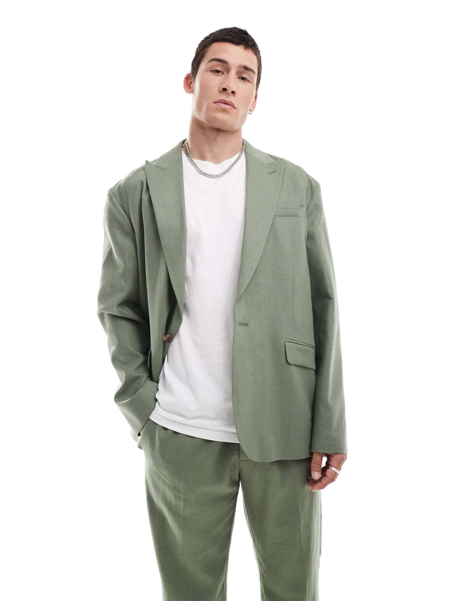 ASOS DESIGN relaxed linen blend slouchy suit jacket in olive green - ASOS Sample Sale