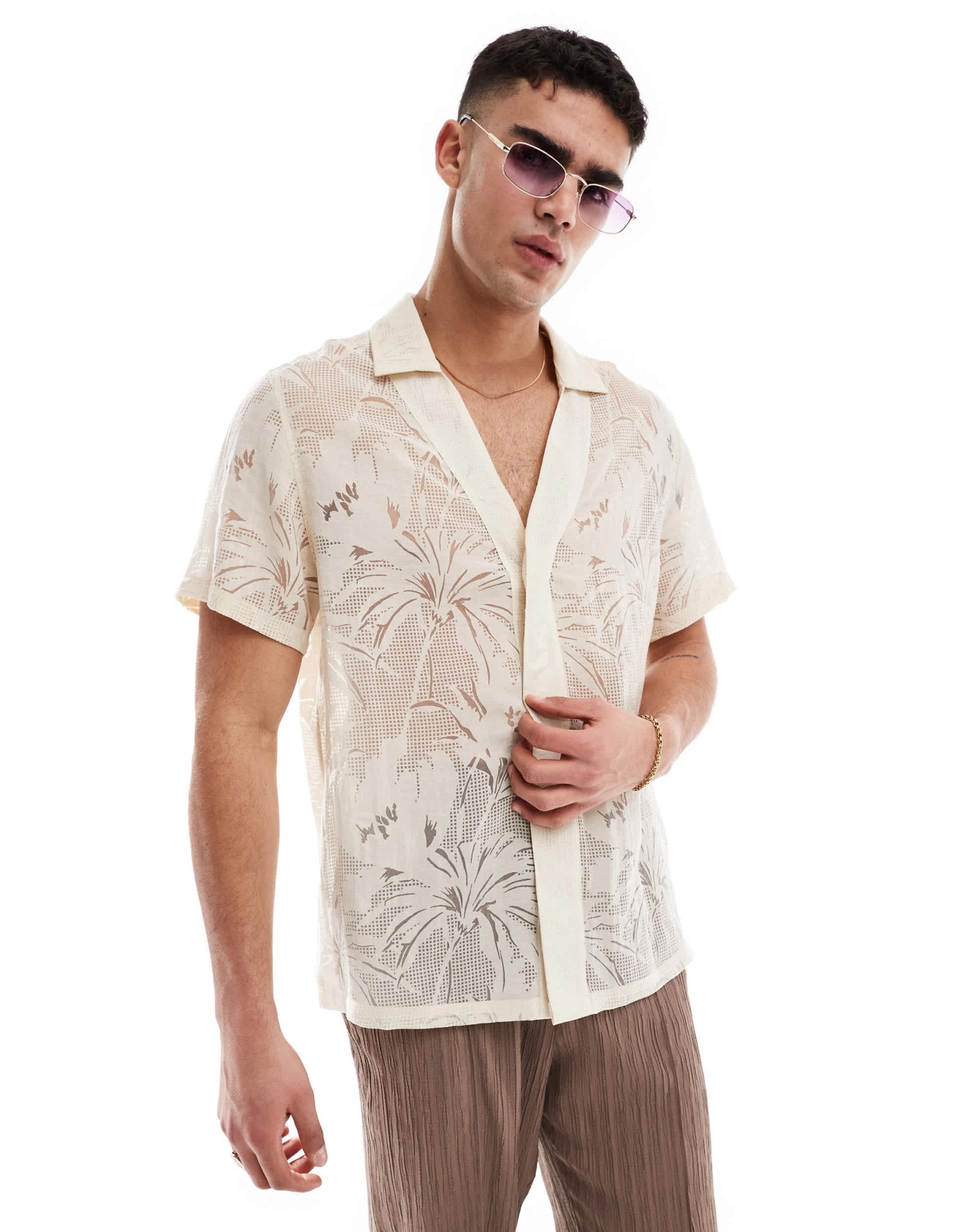 ASOS DESIGN relaxed low neck shirt burn out in stone - ASOS Sample Sale