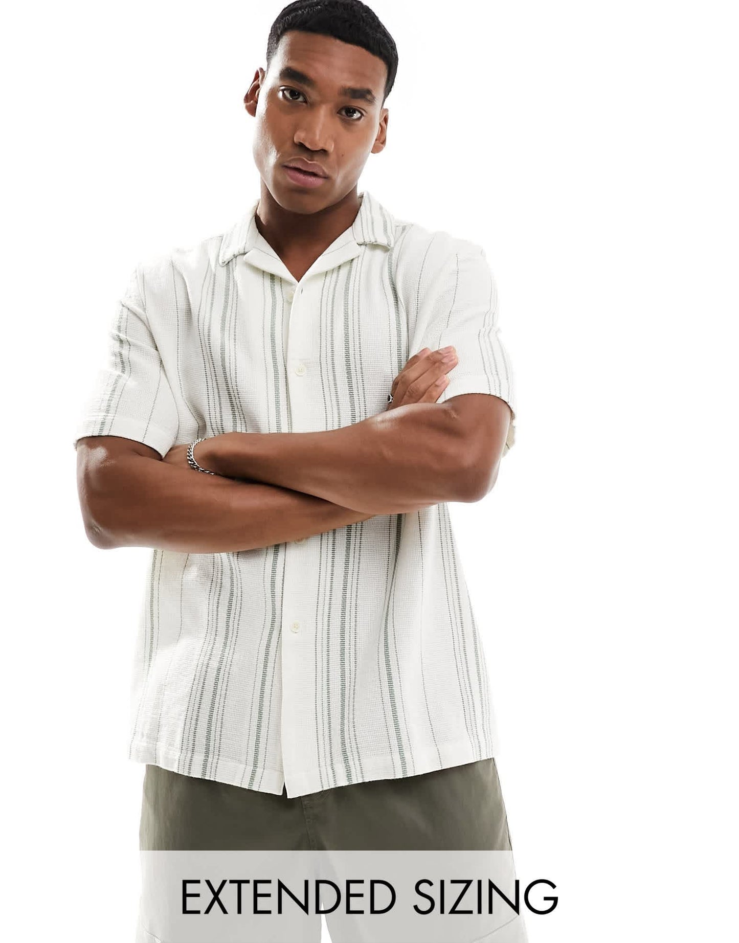 ASOS DESIGN relaxed revere shirt in basket weave stripe in green and white - ASOS Sample Sale