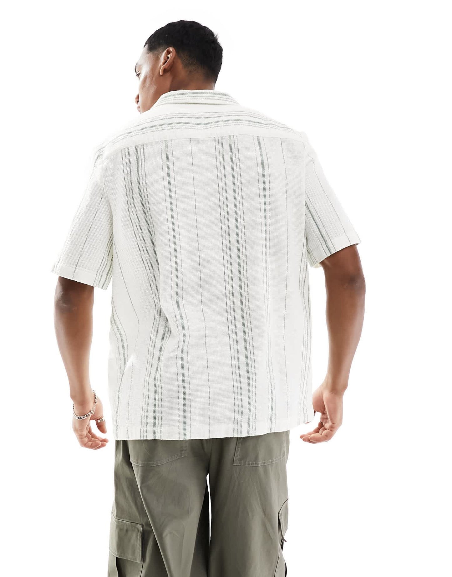 ASOS DESIGN relaxed revere shirt in basket weave stripe in green and white - ASOS Sample Sale