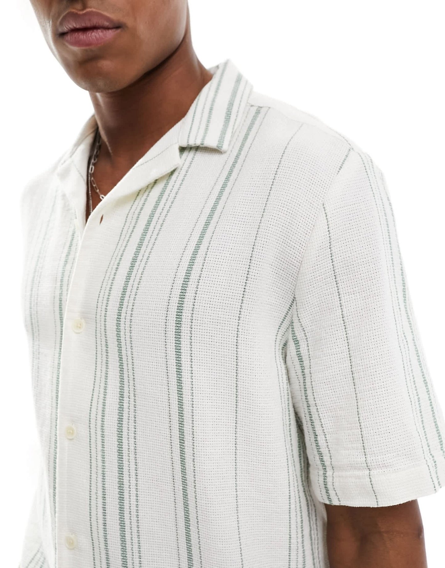 ASOS DESIGN relaxed revere shirt in basket weave stripe in green and white - ASOS Sample Sale