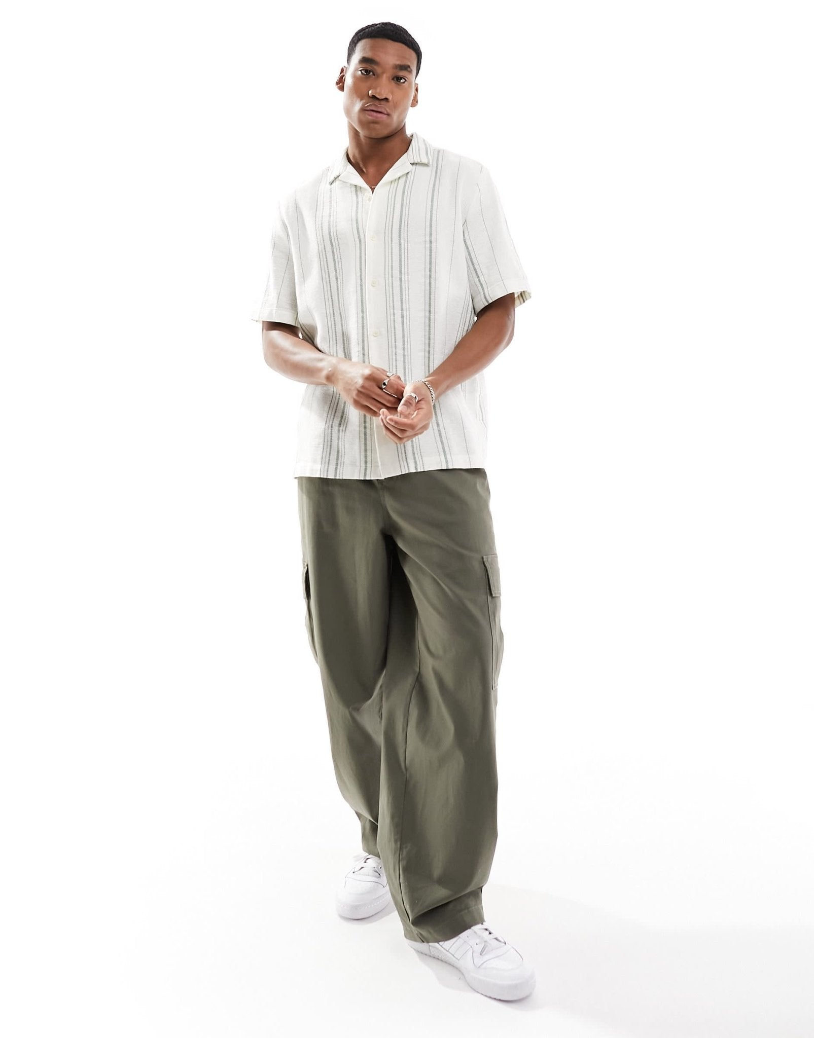 ASOS DESIGN relaxed revere shirt in basket weave stripe in green and white - ASOS Sample Sale