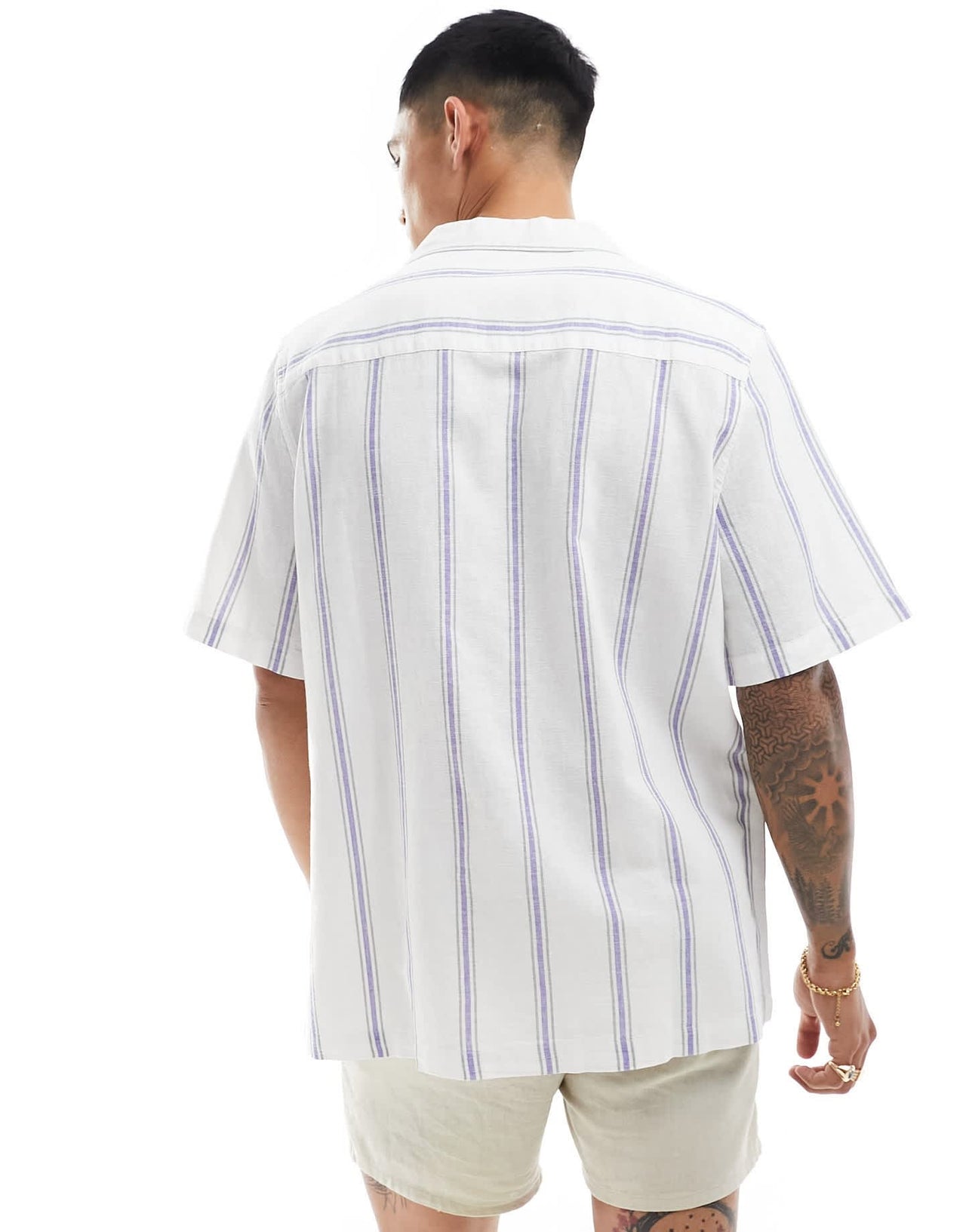 ASOS DESIGN relaxed revere shirt in linen mix stripe in blue - ASOS Sample Sale