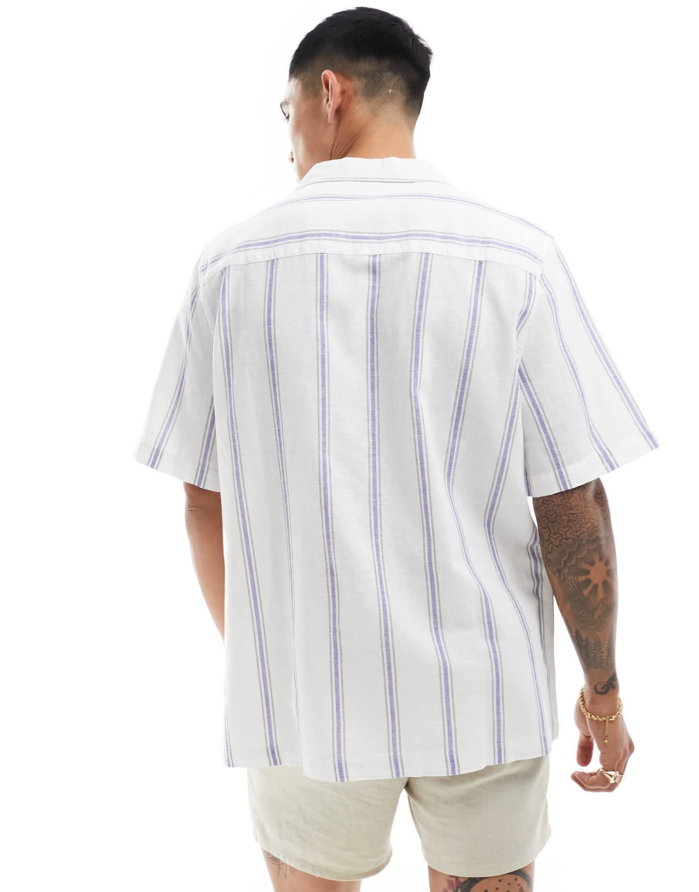 ASOS DESIGN relaxed revere shirt in linen mix stripe in blue - ASOS Sample Sale