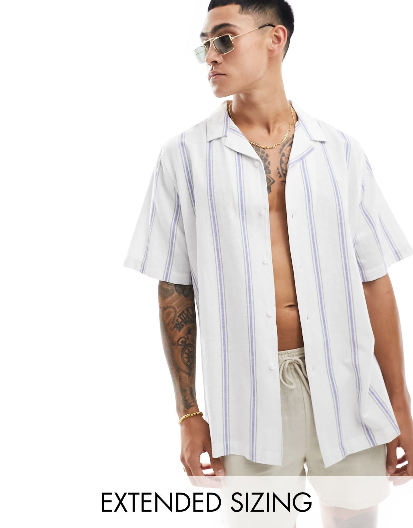 ASOS DESIGN relaxed revere shirt in linen mix stripe in blue - ASOS Sample Sale