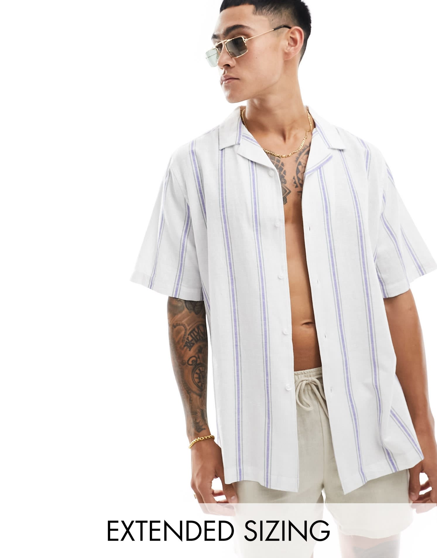 ASOS DESIGN relaxed revere shirt in linen mix stripe in blue - ASOS Sample Sale
