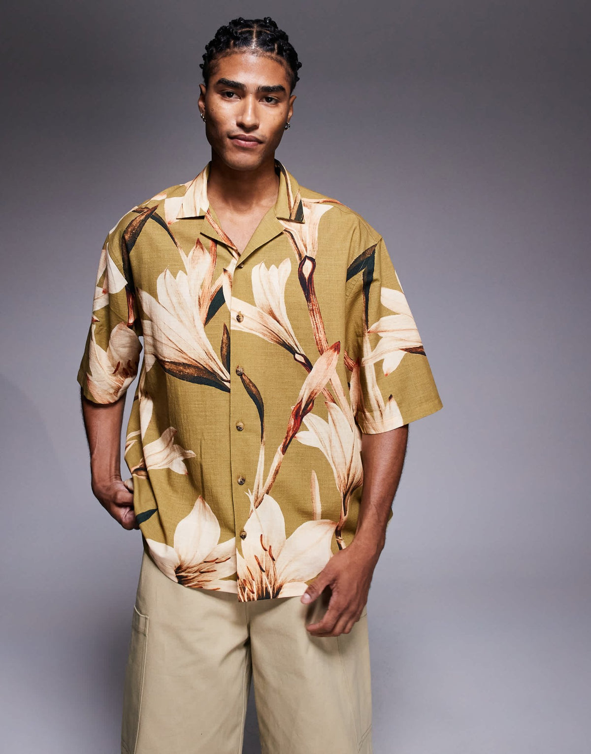 ASOS DESIGN relaxed revere shirt with floral print in khaki - ASOS Sample Sale
