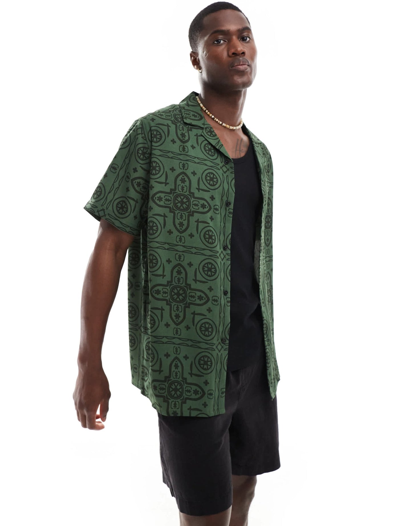 ASOS DESIGN relaxed revere shirt with tile print in green - ASOS Sample Sale