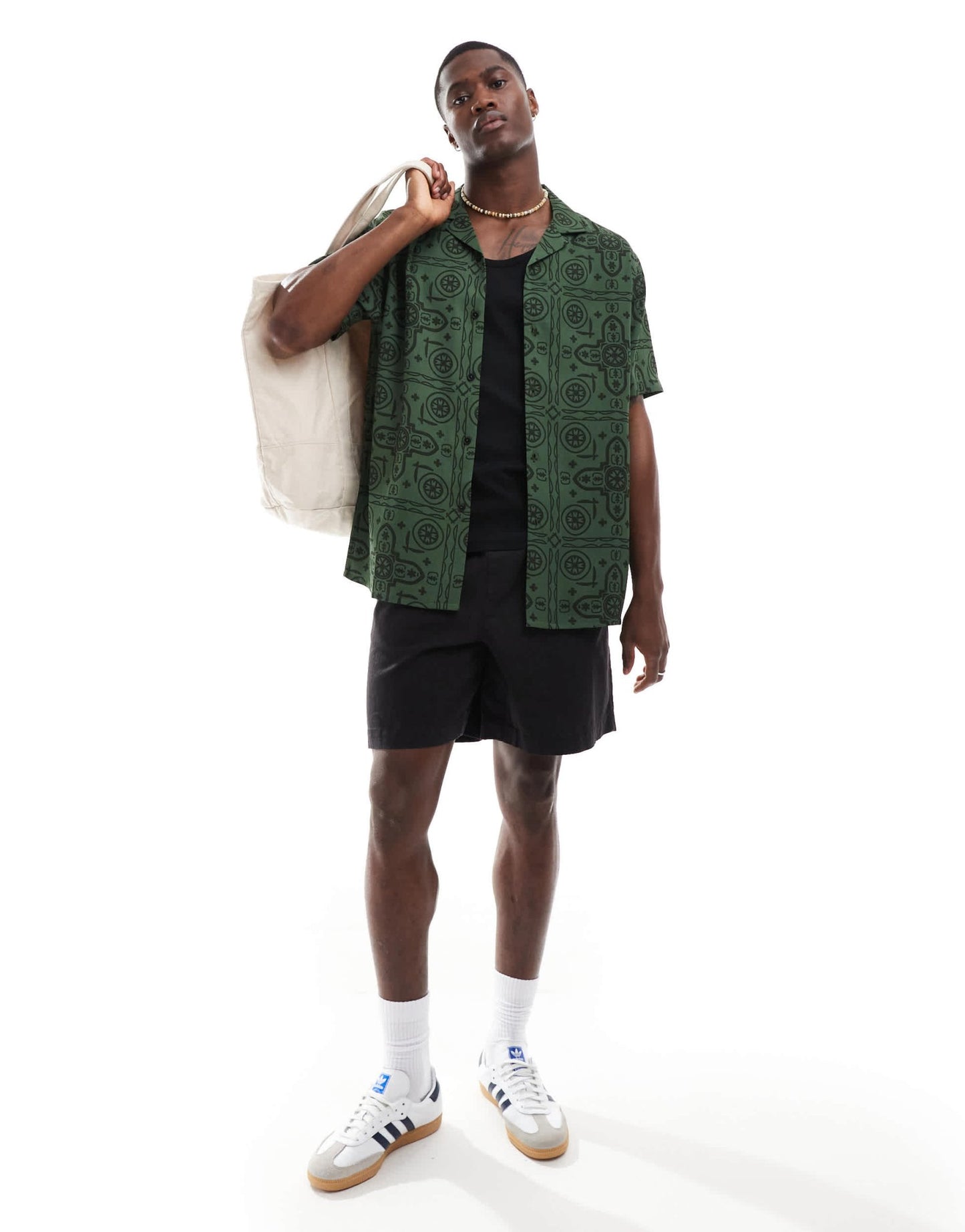 ASOS DESIGN relaxed revere shirt with tile print in green - ASOS Sample Sale