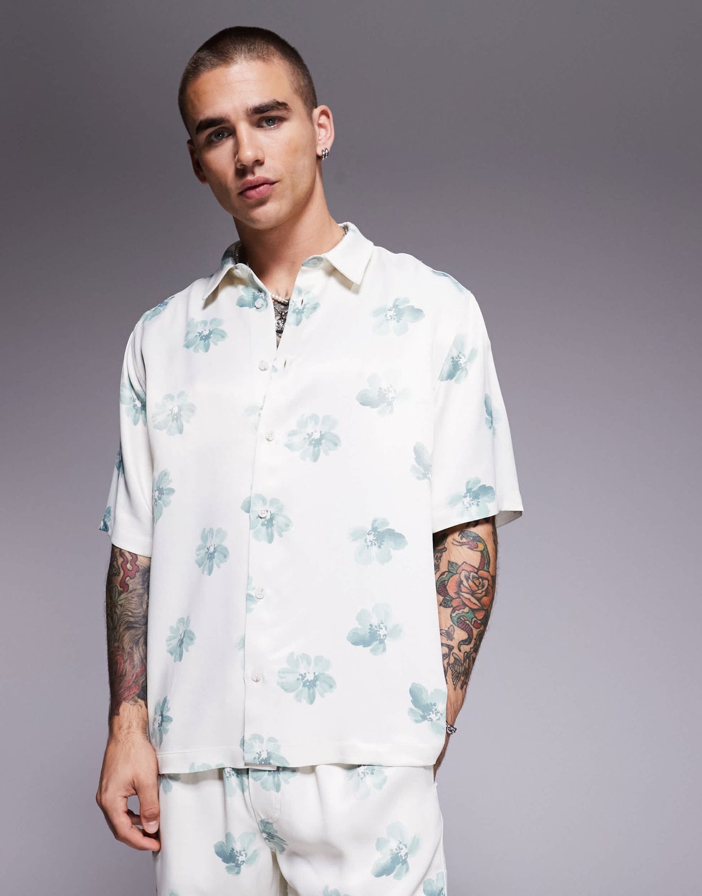 ASOS DESIGN relaxed shirt with floral print in neutral - ASOS Sample Sale