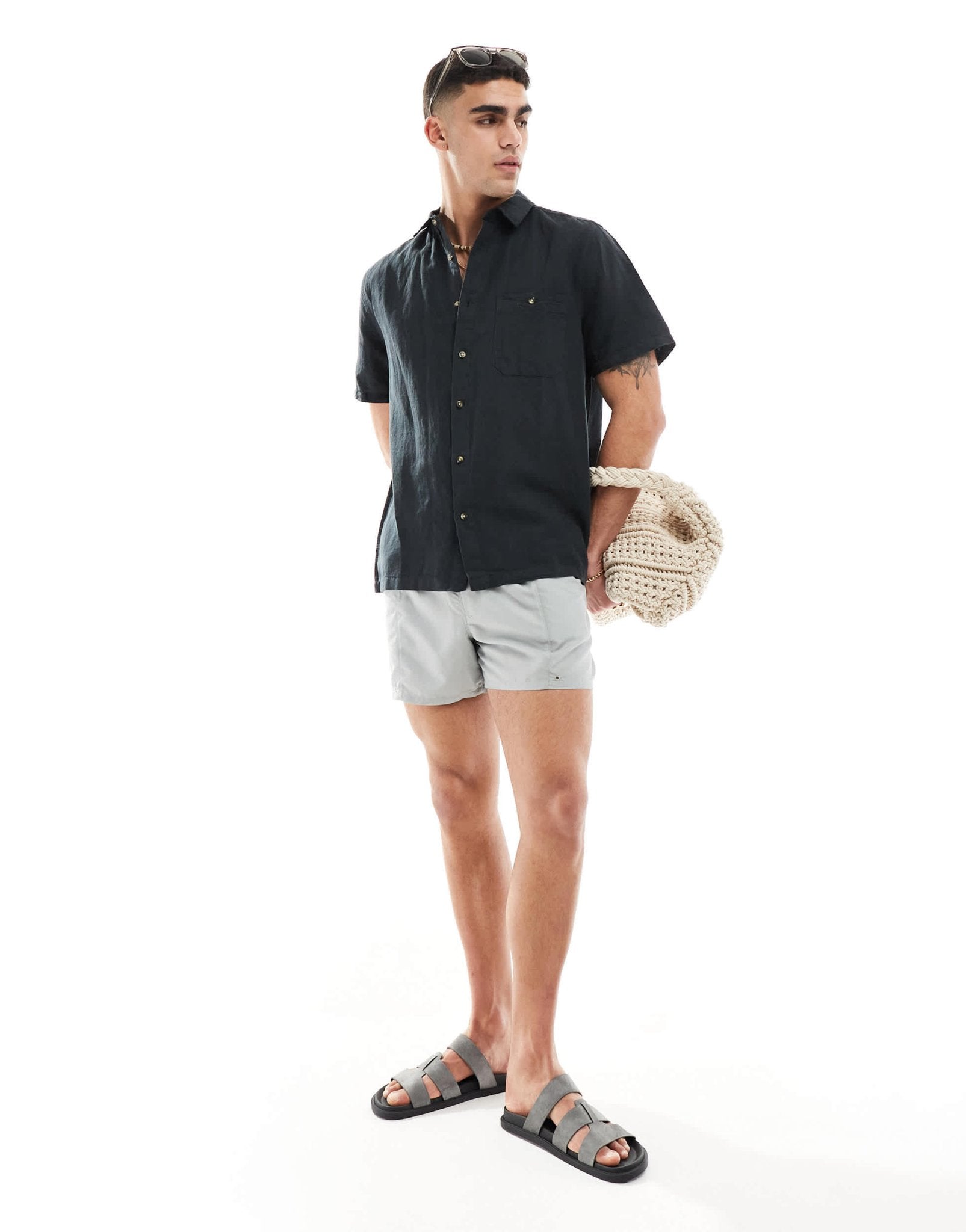 ASOS DESIGN relaxed short sleeve shirt in linen mix in black - ASOS Sample Sale