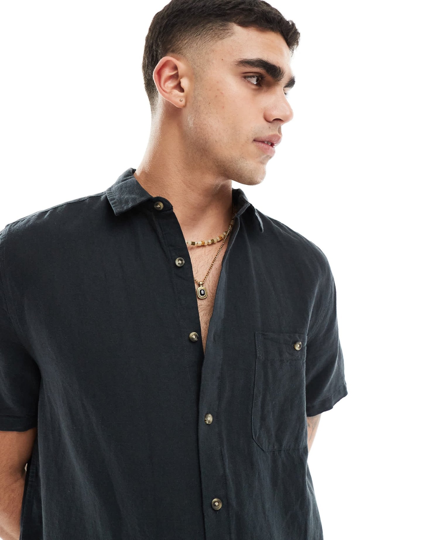 ASOS DESIGN relaxed short sleeve shirt in linen mix in black - ASOS Sample Sale
