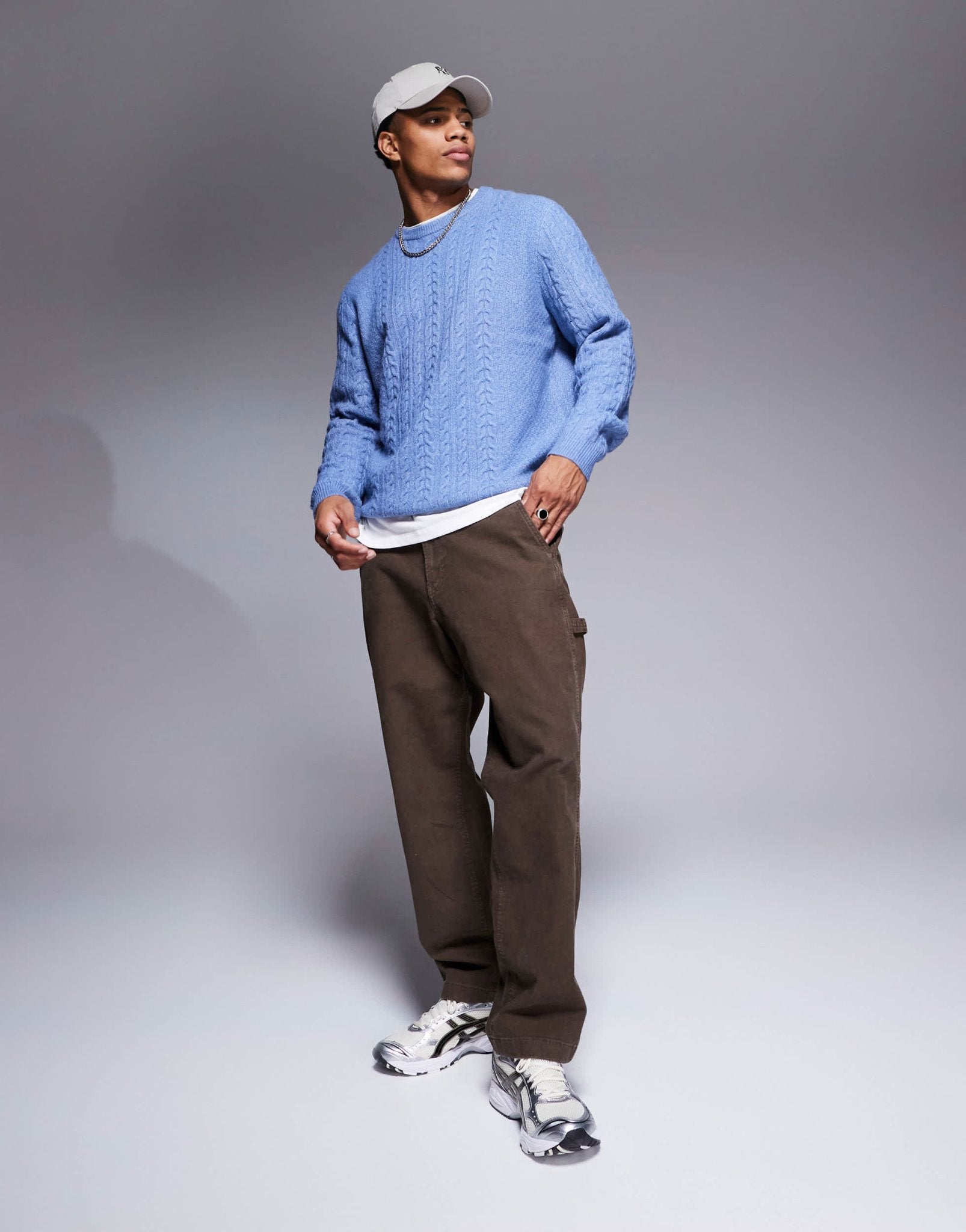 ASOS DESIGN relaxed slouchy crew neck cable knitted jumper in blue - ASOS Sample Sale