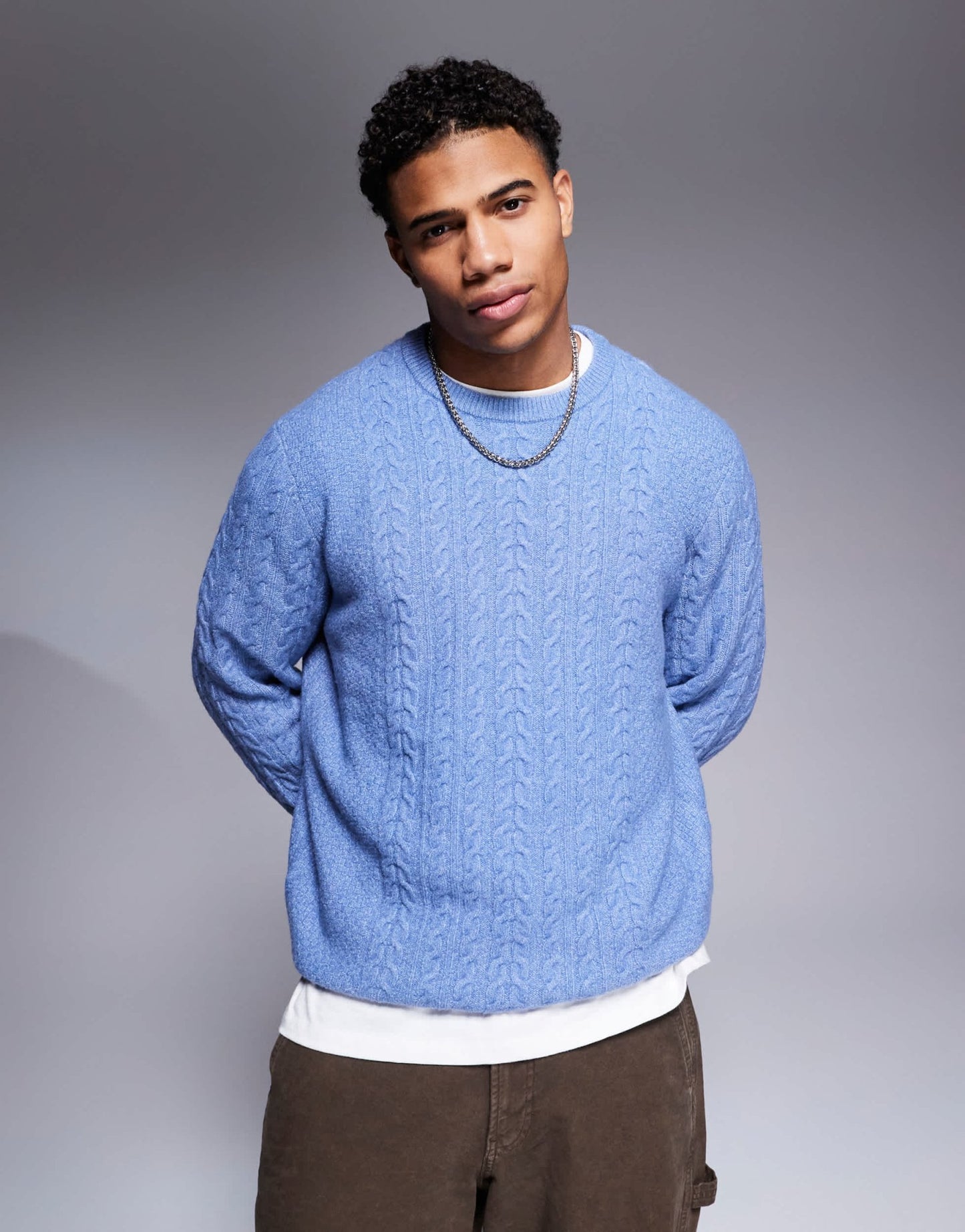 ASOS DESIGN relaxed slouchy crew neck cable knitted jumper in blue - ASOS Sample Sale