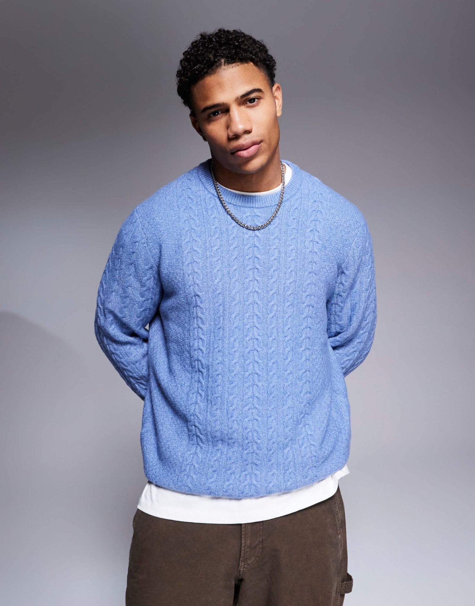 ASOS DESIGN relaxed slouchy crew neck cable knitted jumper in blue - ASOS Sample Sale