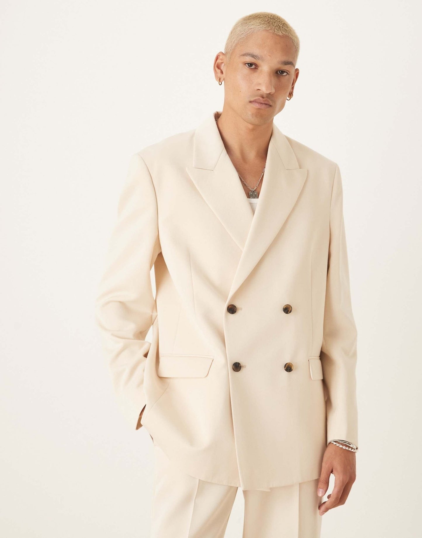 ASOS DESIGN relaxed square shoulder double breasted suit jacket with cotton in ecru - ASOS Sample Sale