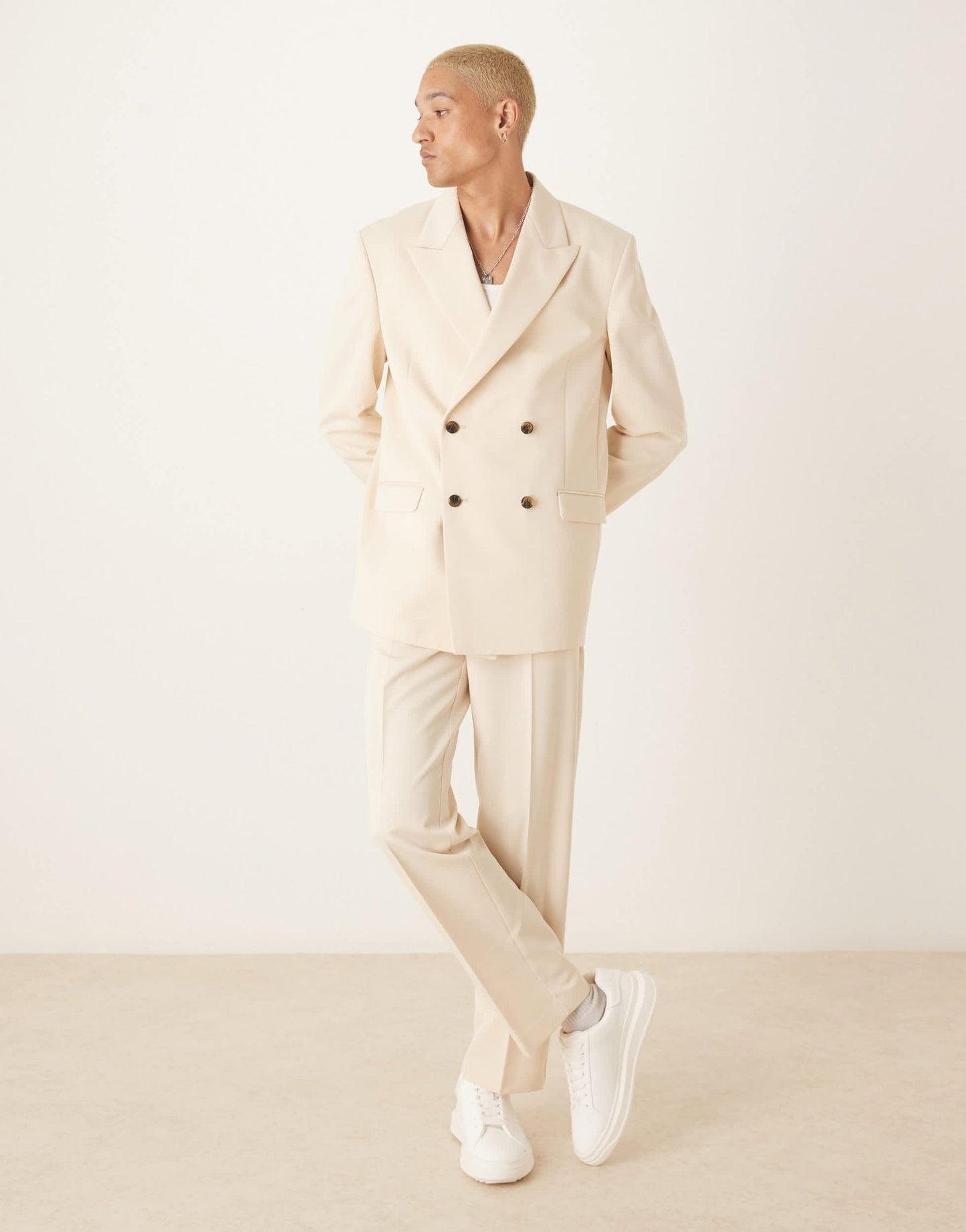 ASOS DESIGN relaxed square shoulder double breasted suit jacket with cotton in ecru - ASOS Sample Sale