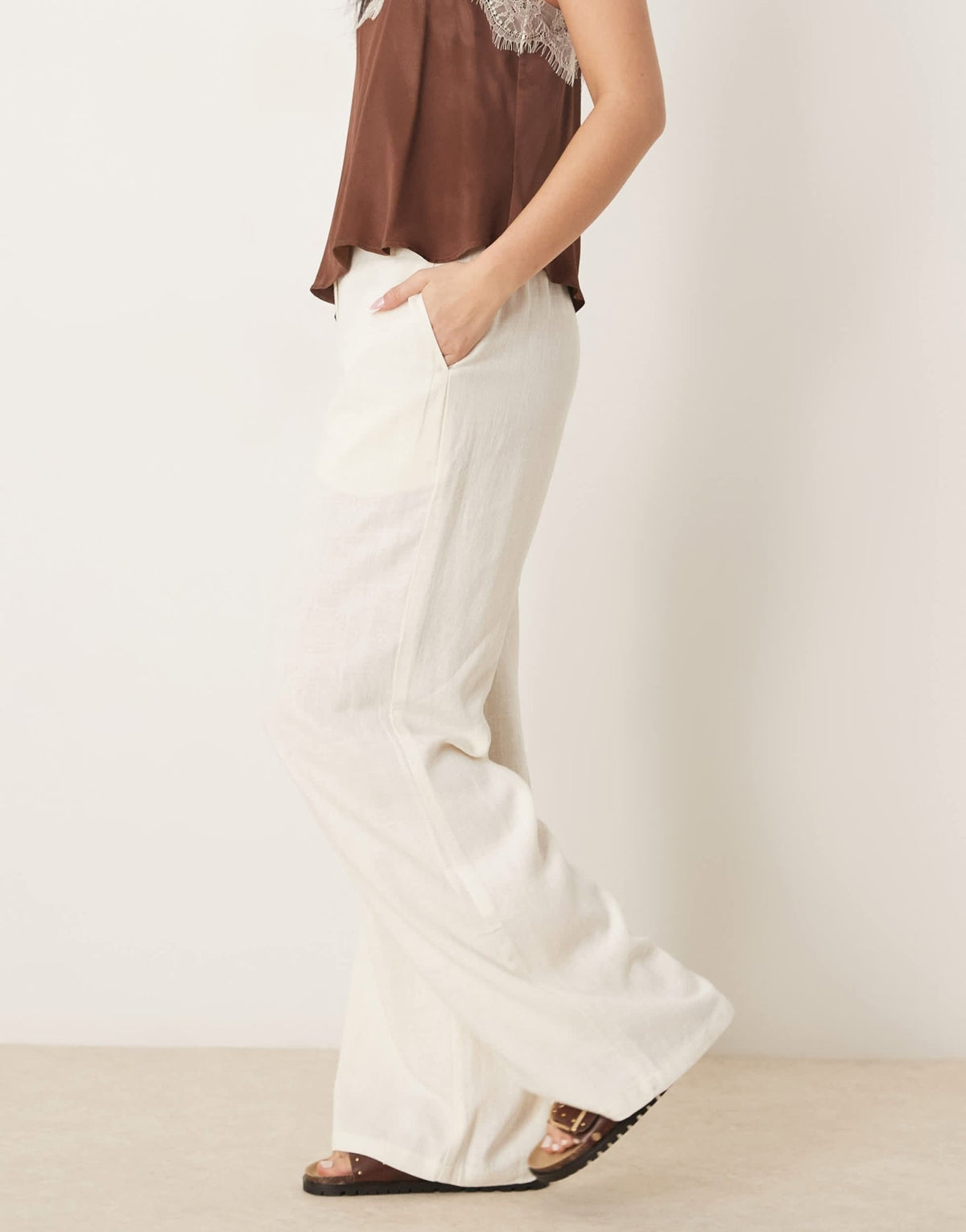 ASOS DESIGN relaxed straight leg trousers with linen in cream - ASOS Sample Sale