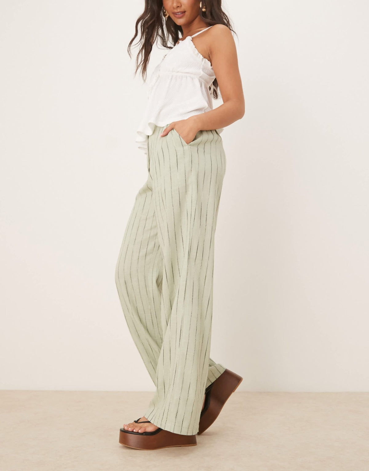 ASOS DESIGN relaxed straight leg trousers with linen in sage squiggle stripe - ASOS Sample Sale