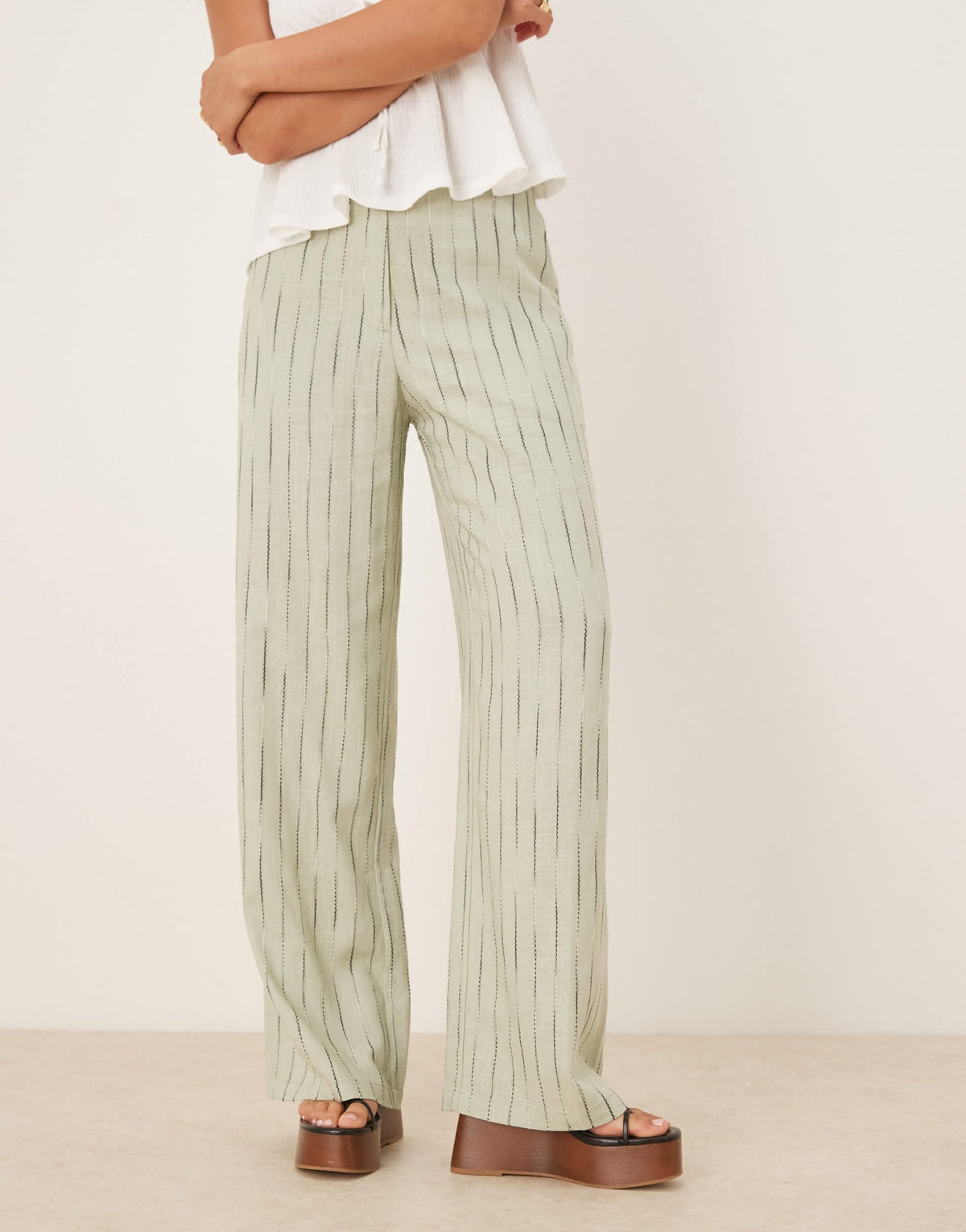 ASOS DESIGN relaxed straight leg trousers with linen in sage squiggle stripe - ASOS Sample Sale