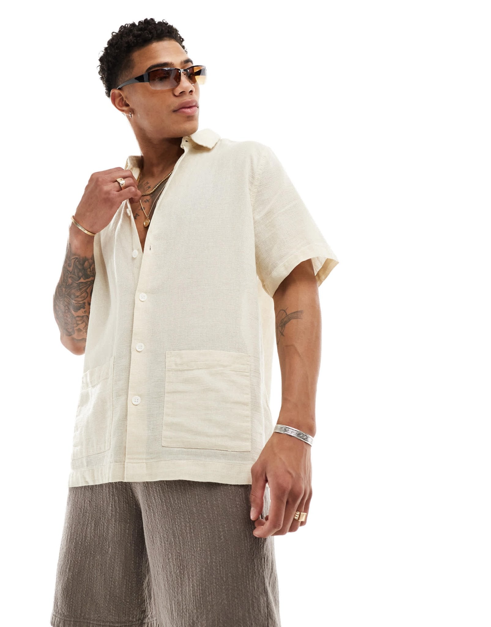 ASOS DESIGN relaxed textured shirt with patch pockets in sand - ASOS Sample Sale