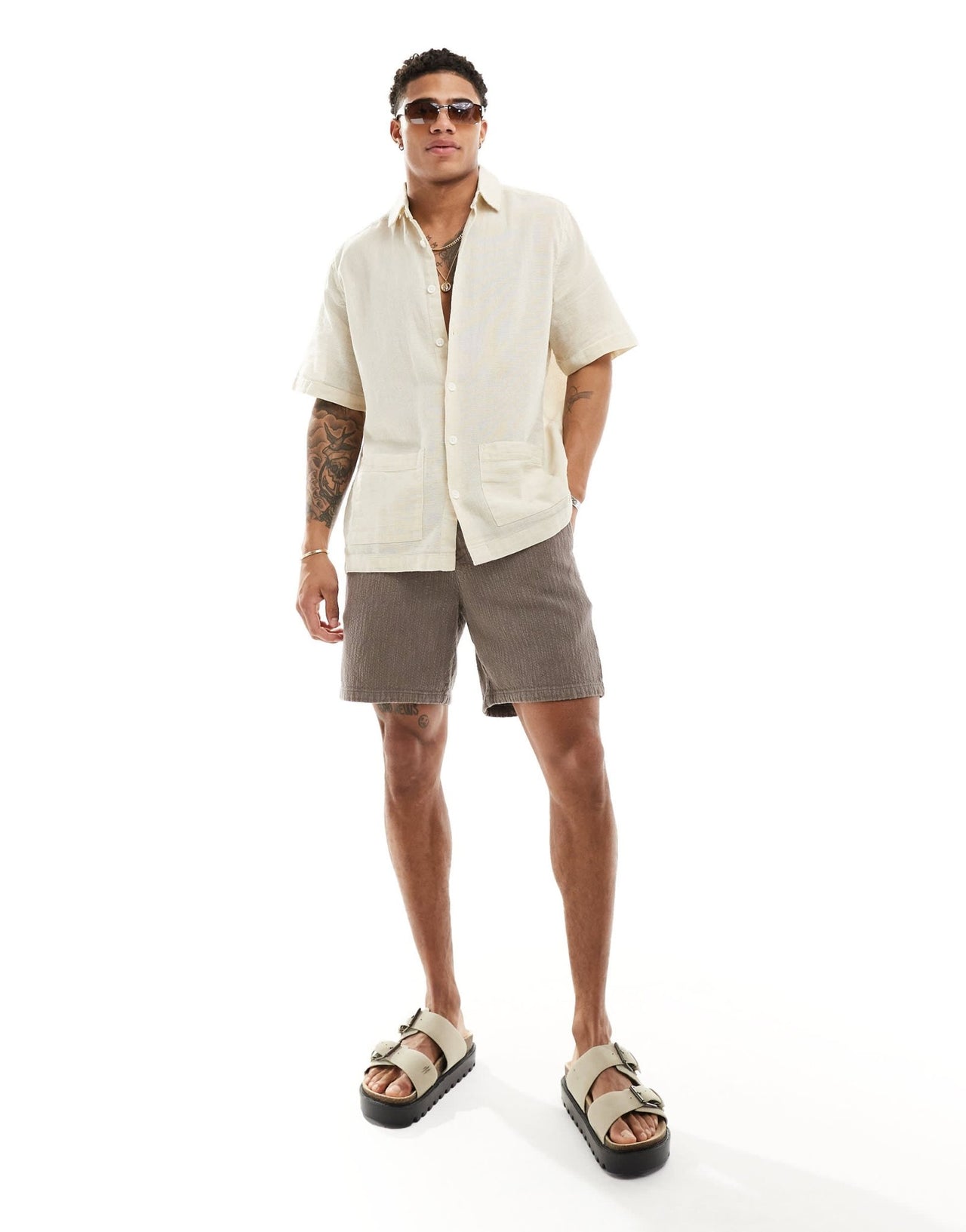 ASOS DESIGN relaxed textured shirt with patch pockets in sand - ASOS Sample Sale