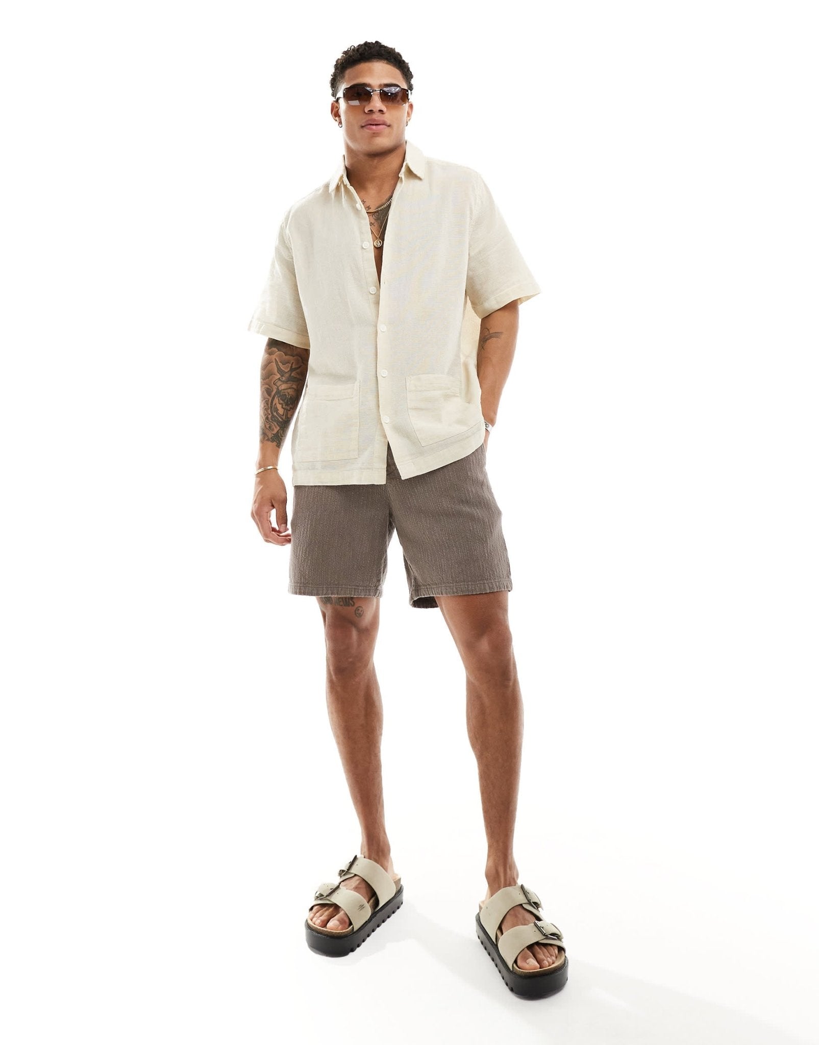 ASOS DESIGN relaxed textured shirt with patch pockets in sand - ASOS Sample Sale