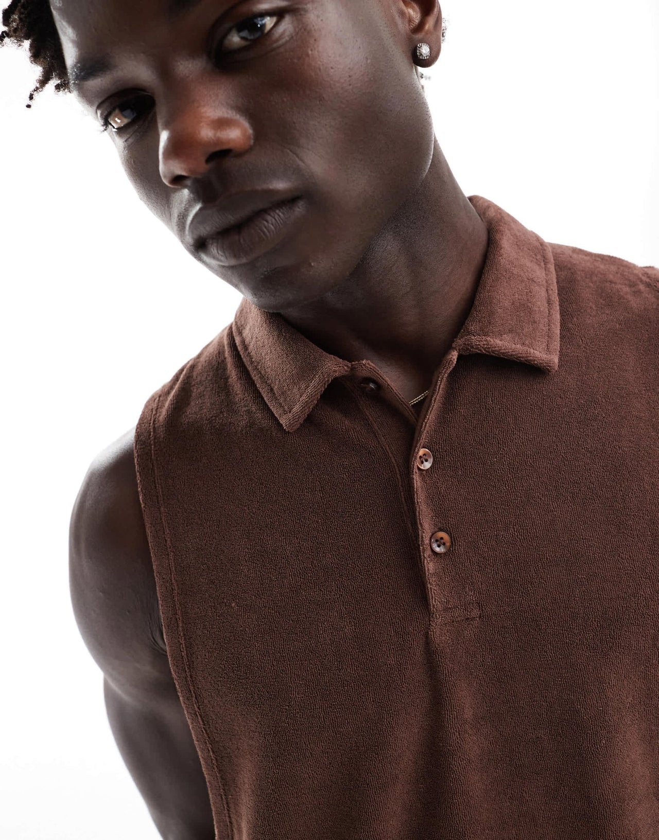 ASOS DESIGN relaxed vest with polo neck in brown towelling - ASOS Sample Sale