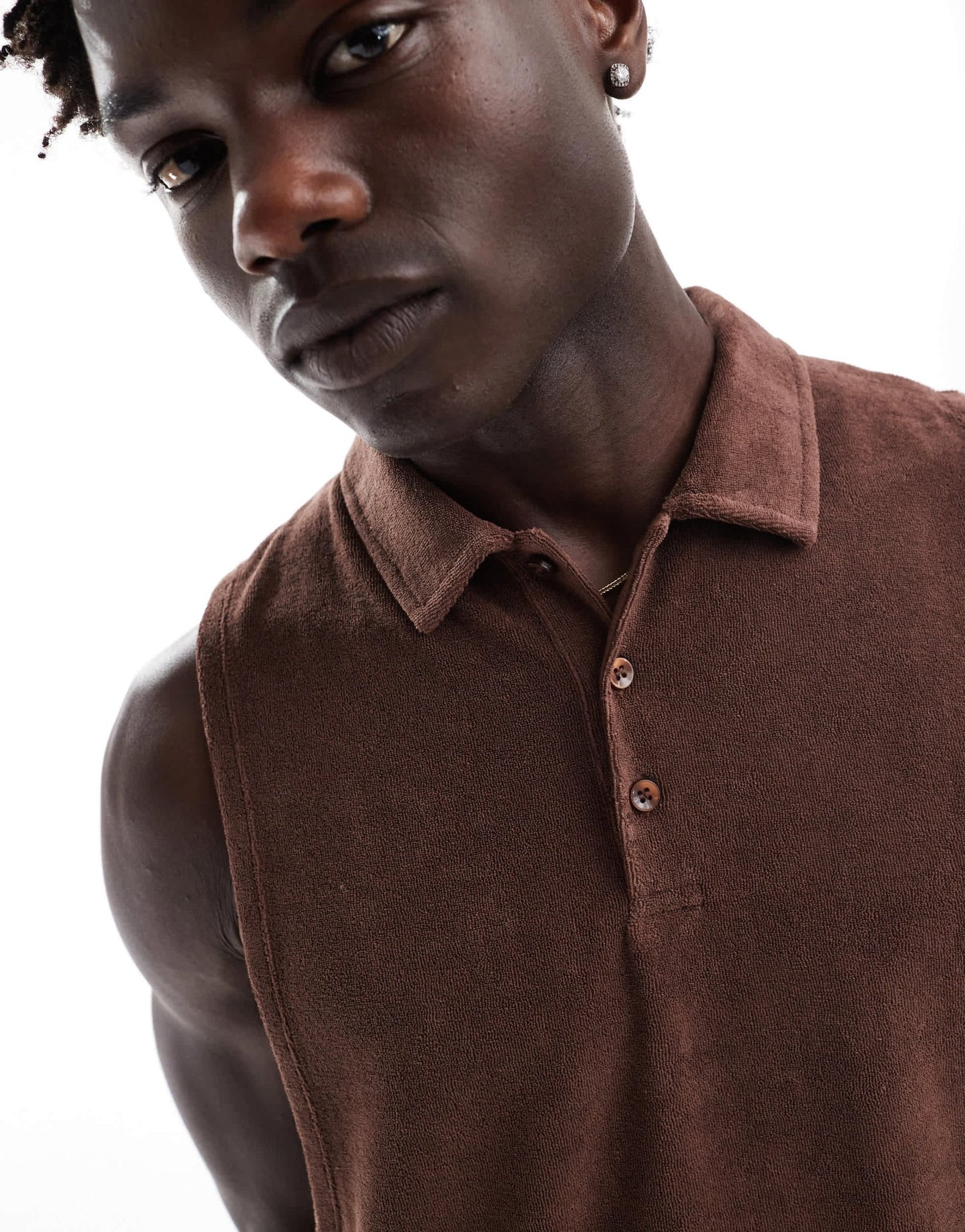 ASOS DESIGN relaxed vest with polo neck in brown towelling - ASOS Sample Sale