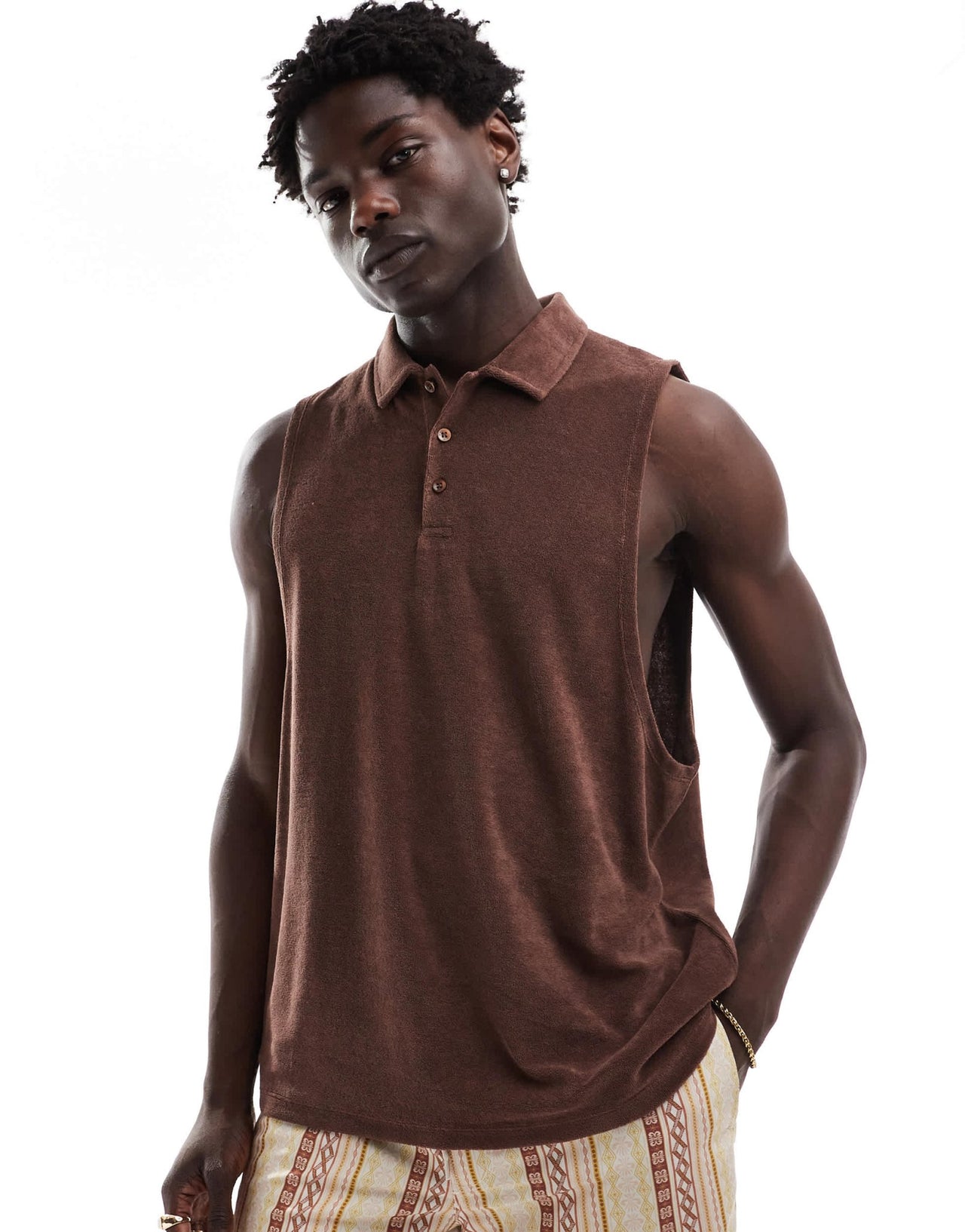 ASOS DESIGN relaxed vest with polo neck in brown towelling - ASOS Sample Sale