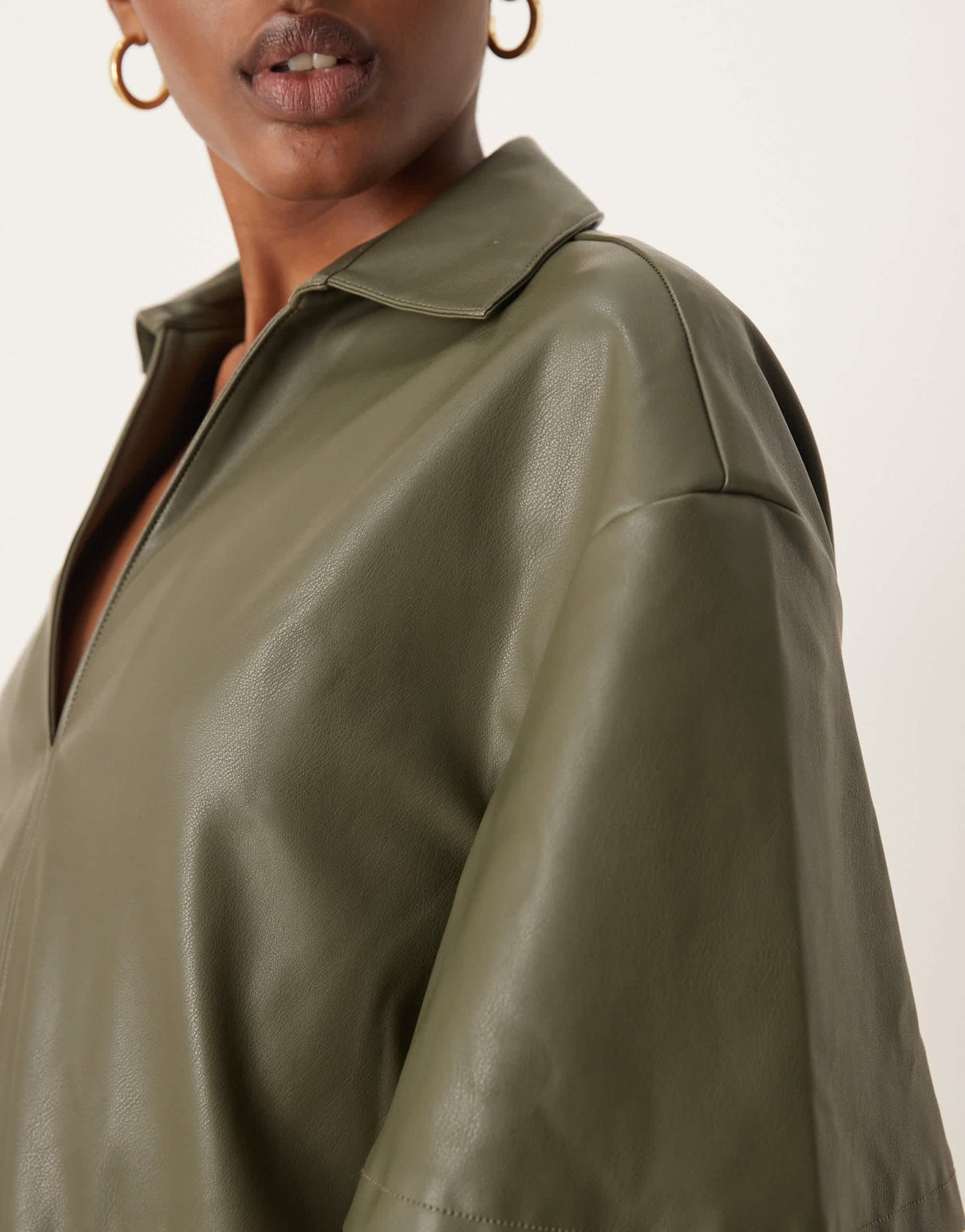 ASOS DESIGN revere collar PU leather look mini shirt dress with contrast stitching in olive - ASOS Sample Sale