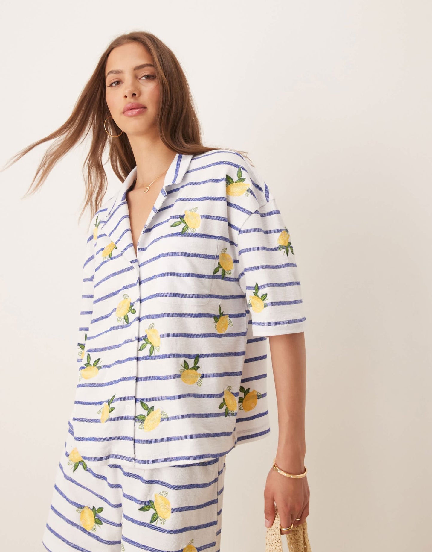 ASOS DESIGN revere stripe shirt with lemon embroidery - ASOS Sample Sale