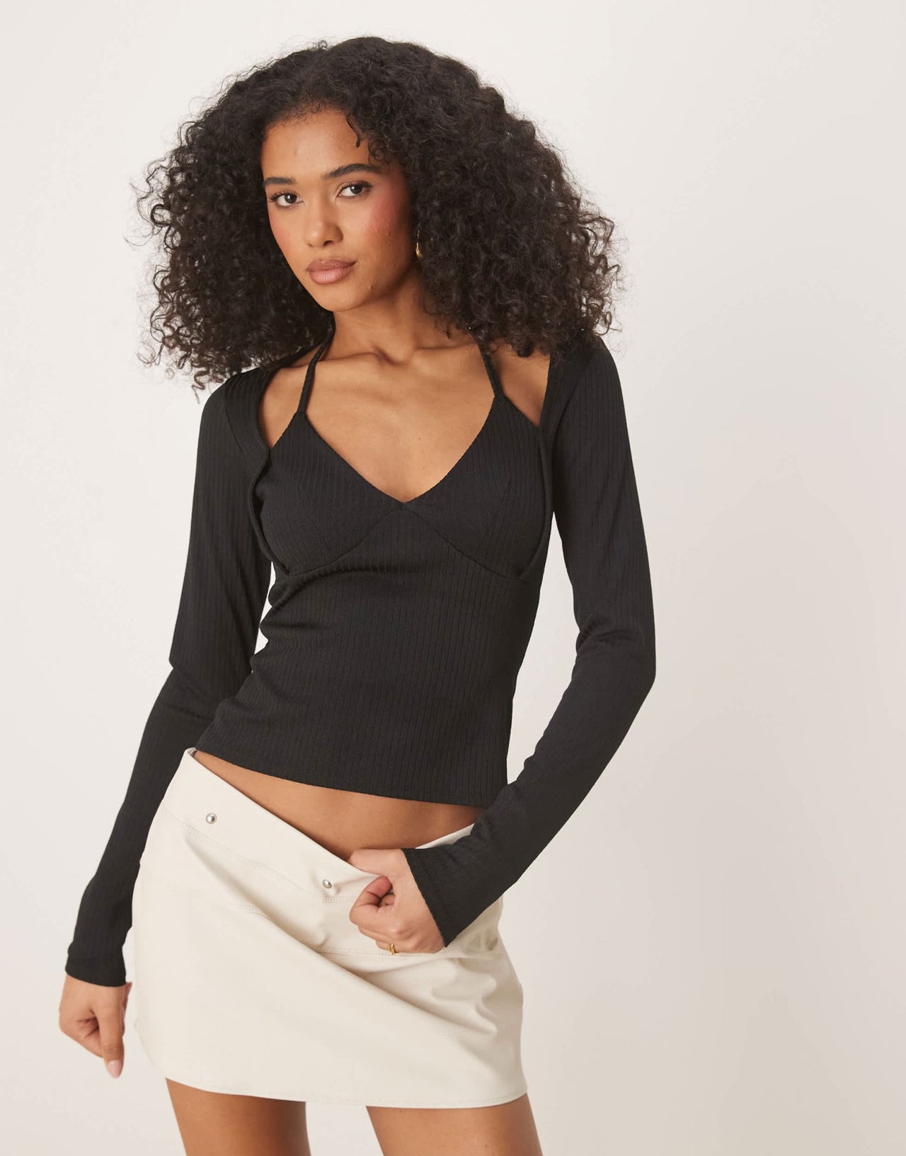 ASOS DESIGN rib halter neck long sleeve top in black - ASOS Sample Sale