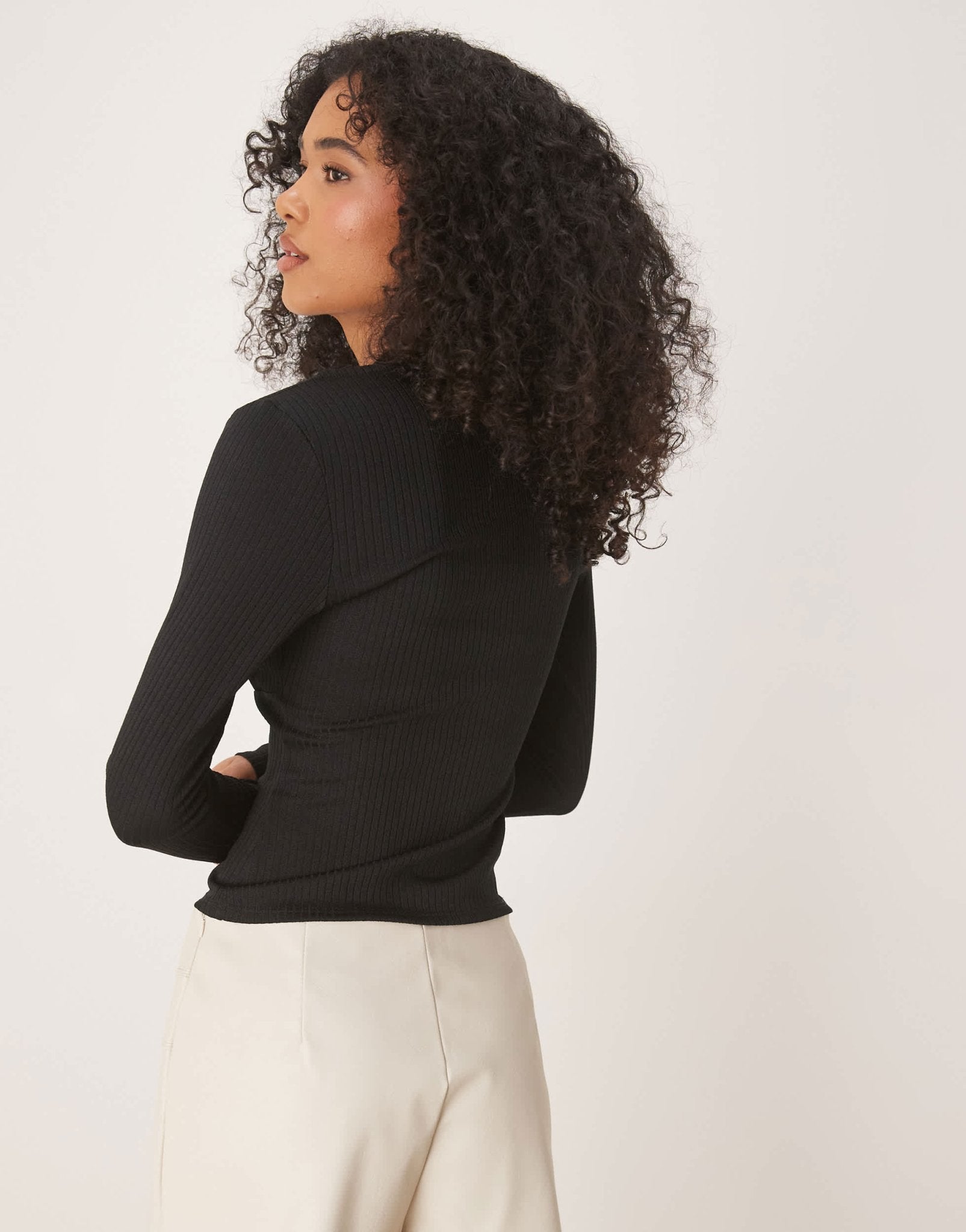 ASOS DESIGN rib halter neck long sleeve top in black - ASOS Sample Sale
