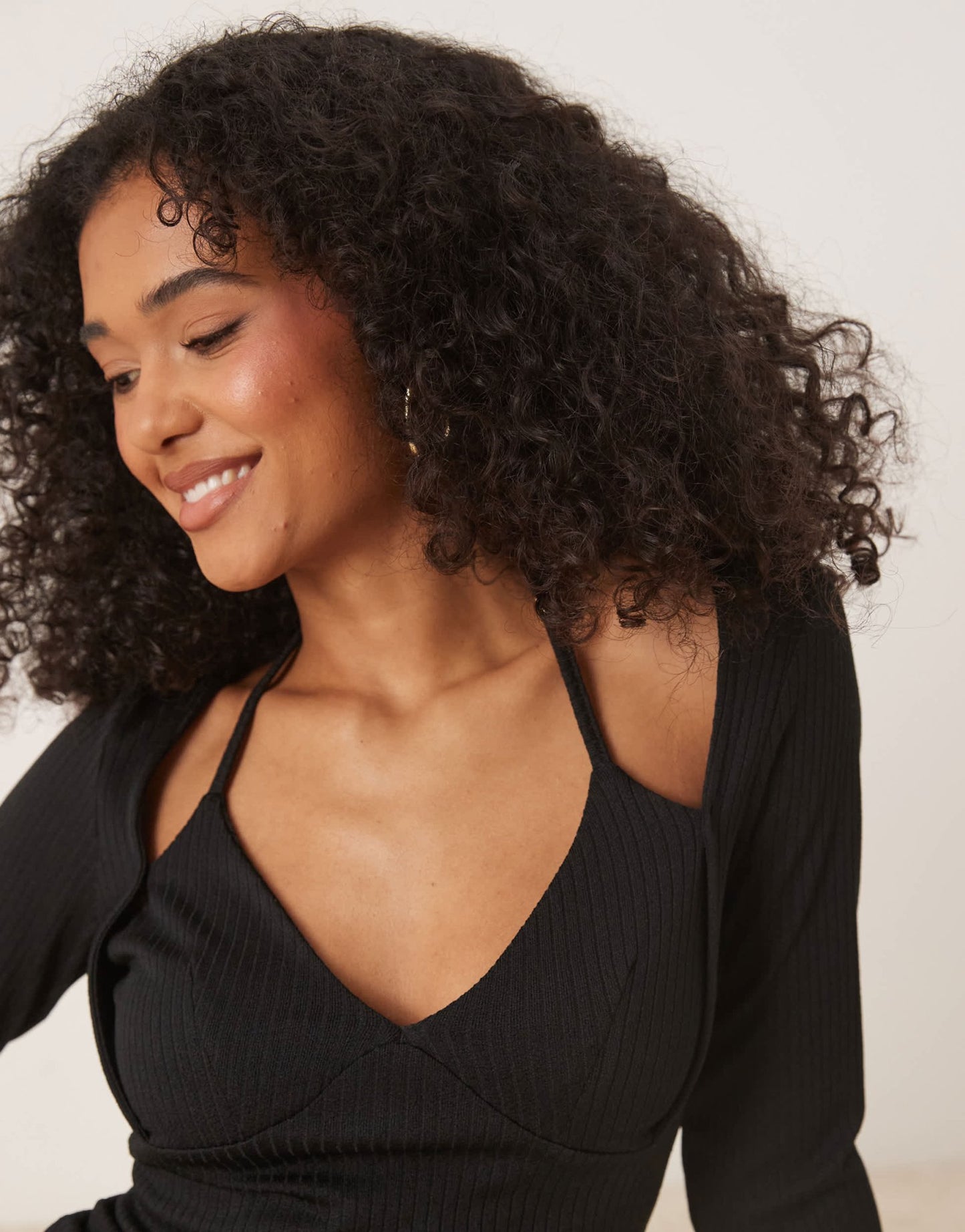 ASOS DESIGN rib halter neck long sleeve top in black - ASOS Sample Sale