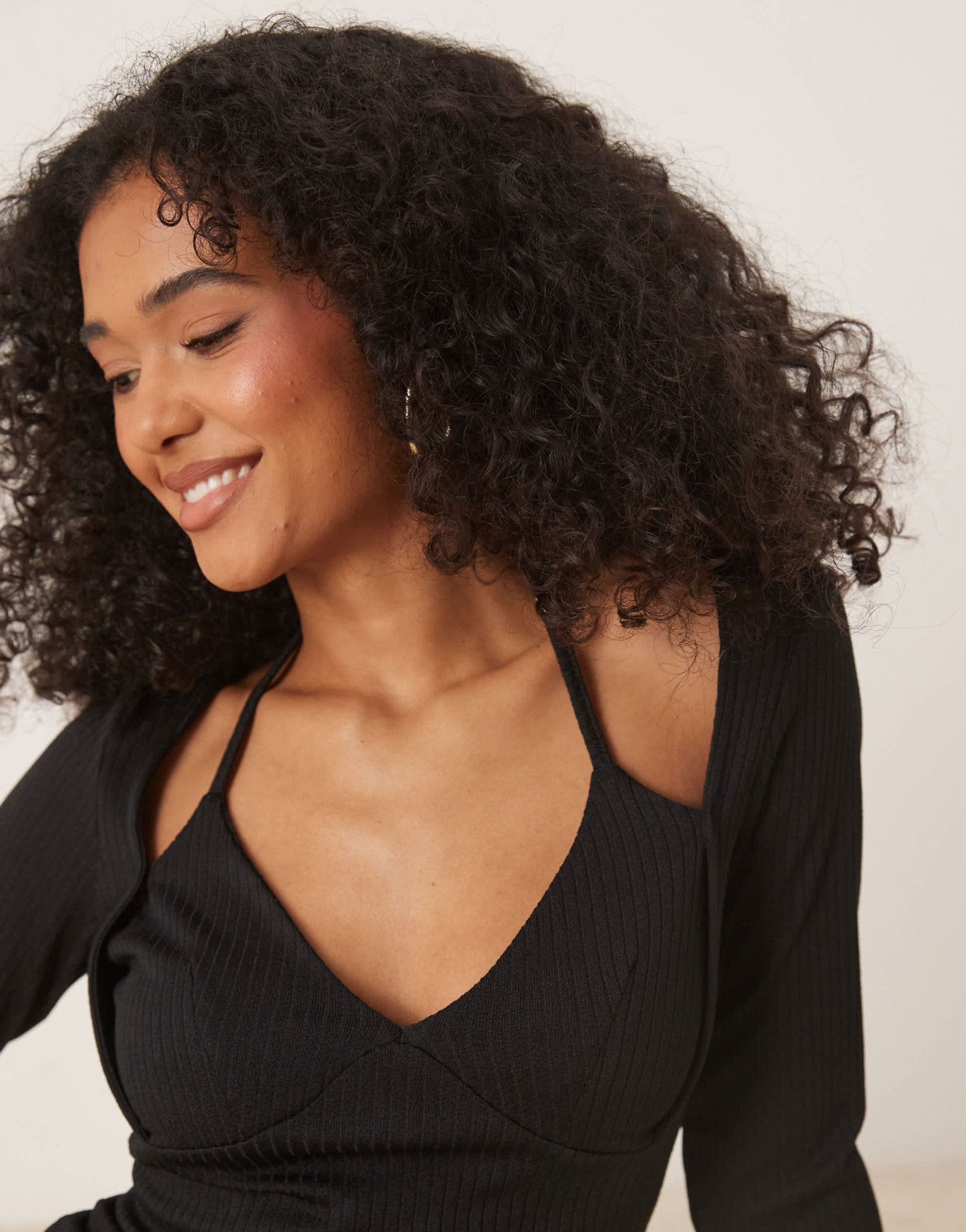 ASOS DESIGN rib halter neck long sleeve top in black - ASOS Sample Sale