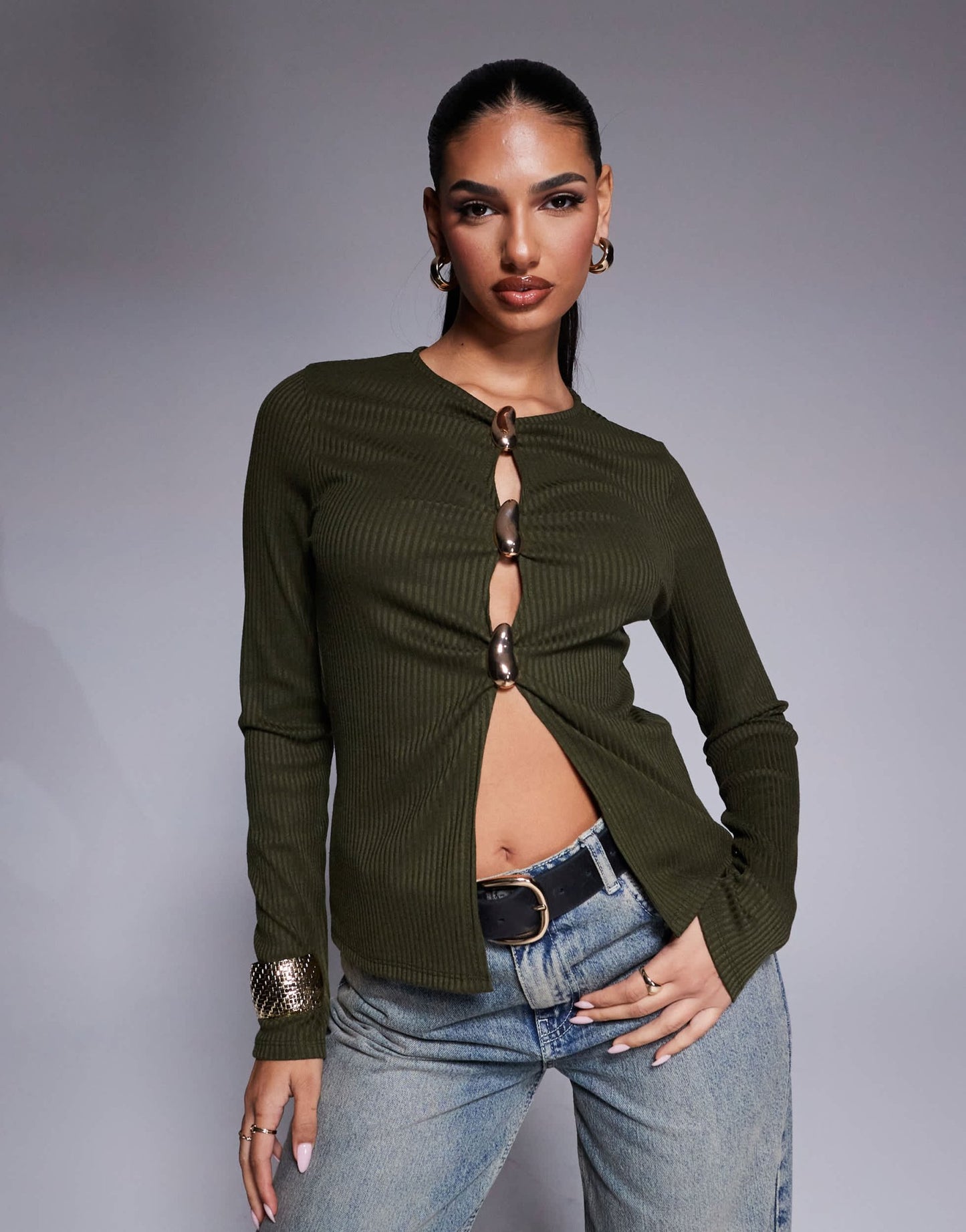 ASOS DESIGN rib long sleeve top with gold button detail in khaki - ASOS Sample Sale
