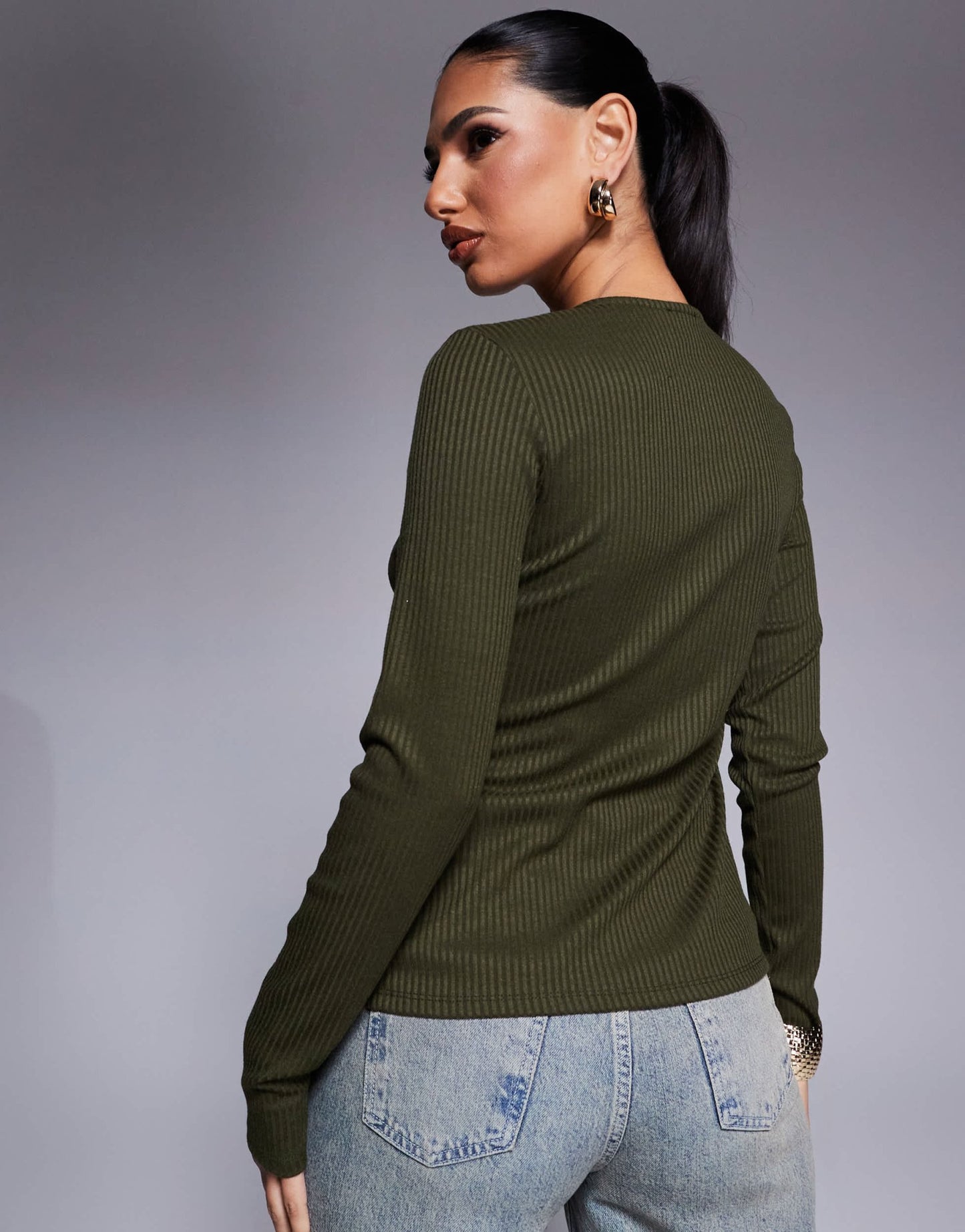 ASOS DESIGN rib long sleeve top with gold button detail in khaki - ASOS Sample Sale