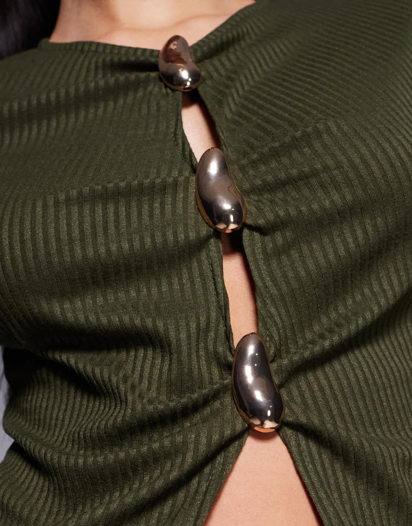 ASOS DESIGN rib long sleeve top with gold button detail in khaki - ASOS Sample Sale