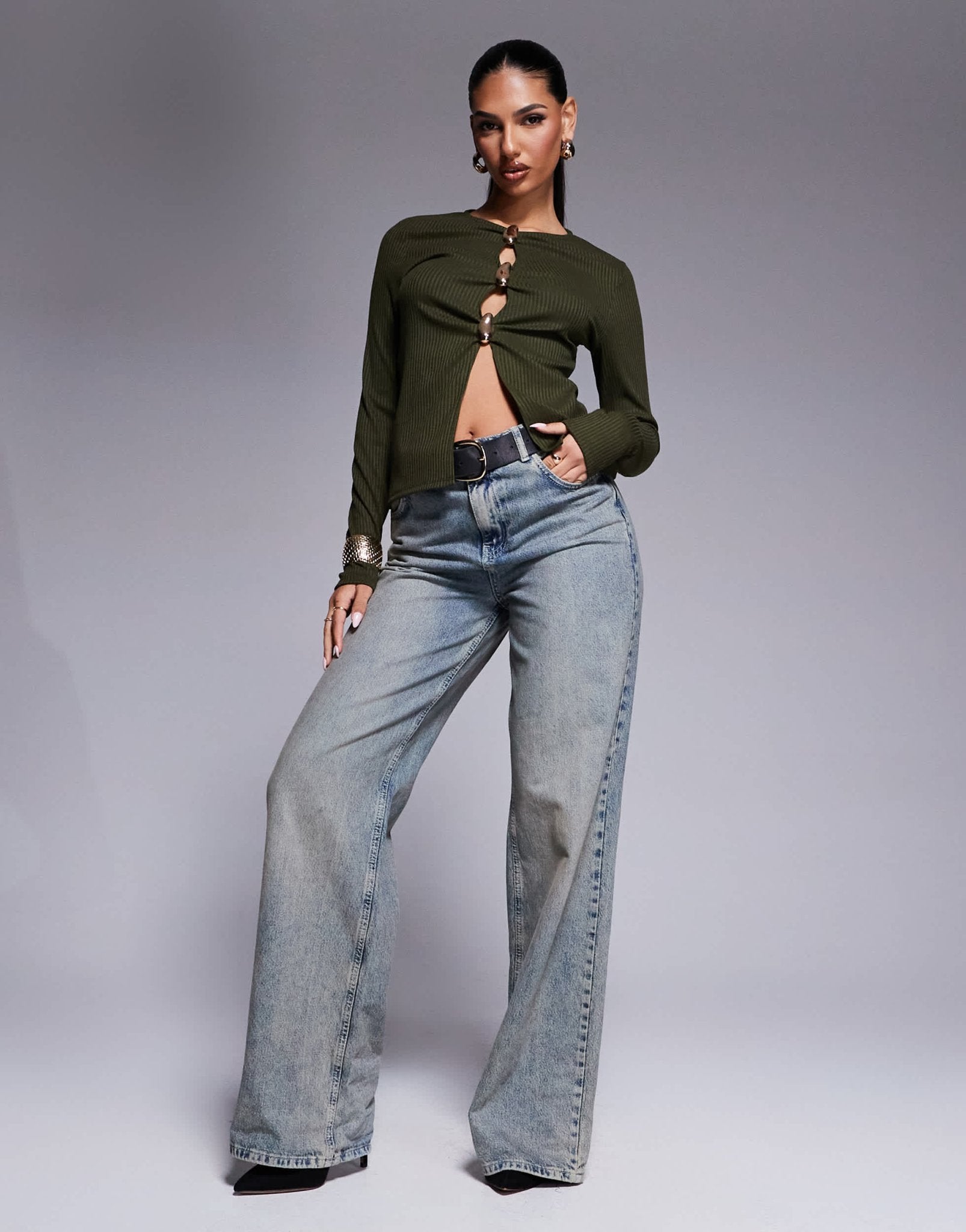 ASOS DESIGN rib long sleeve top with gold button detail in khaki - ASOS Sample Sale