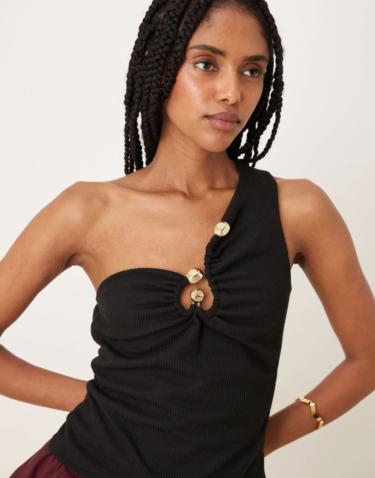 ASOS DESIGN rib one shoulder top with gold trim detail in black - ASOS Sample Sale