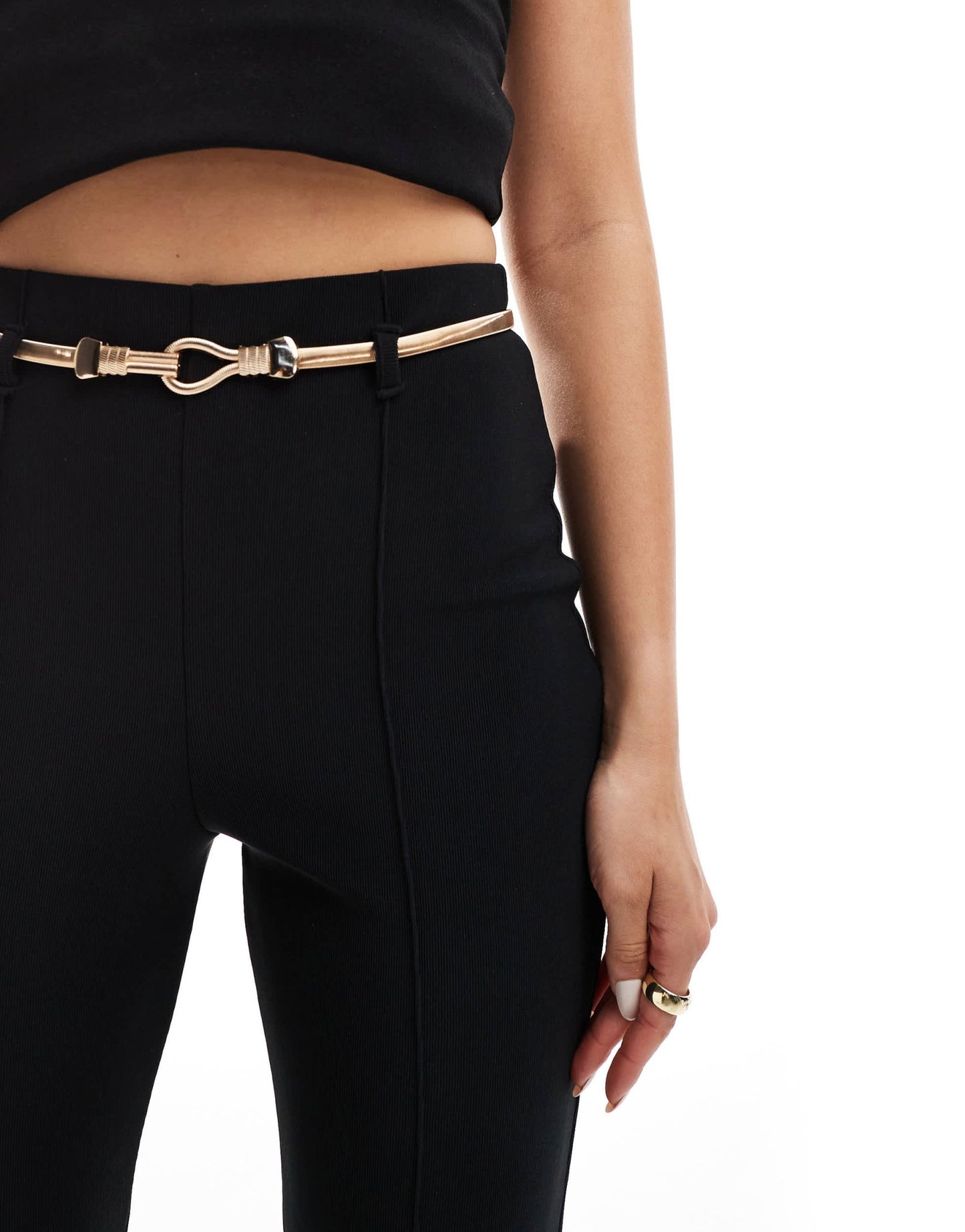 ASOS DESIGN rib slim flare trousers with back vent and gold belt in black - ASOS Sample Sale