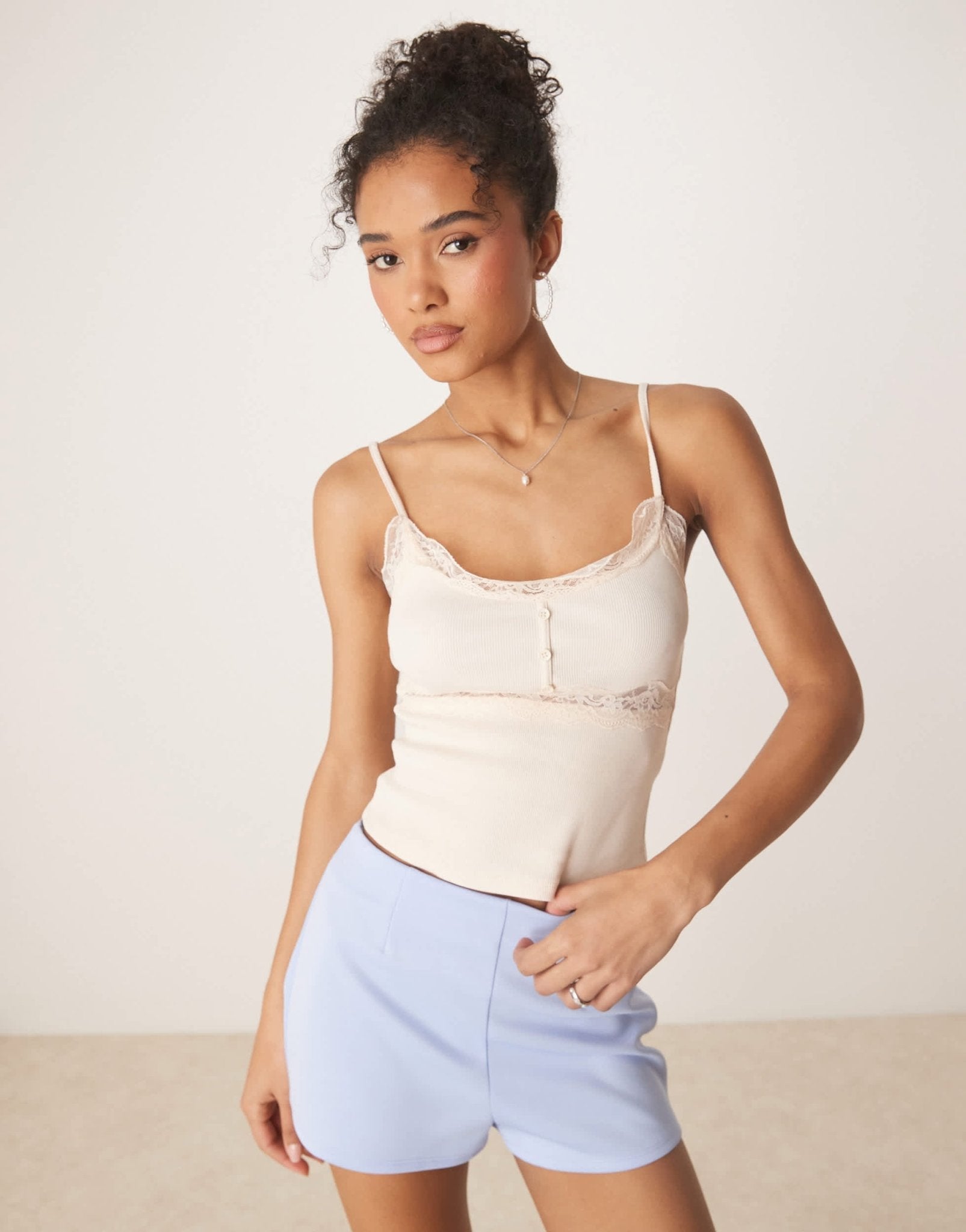 ASOS DESIGN ribbed cami top with lace and button detail in cream - ASOS Sample Sale