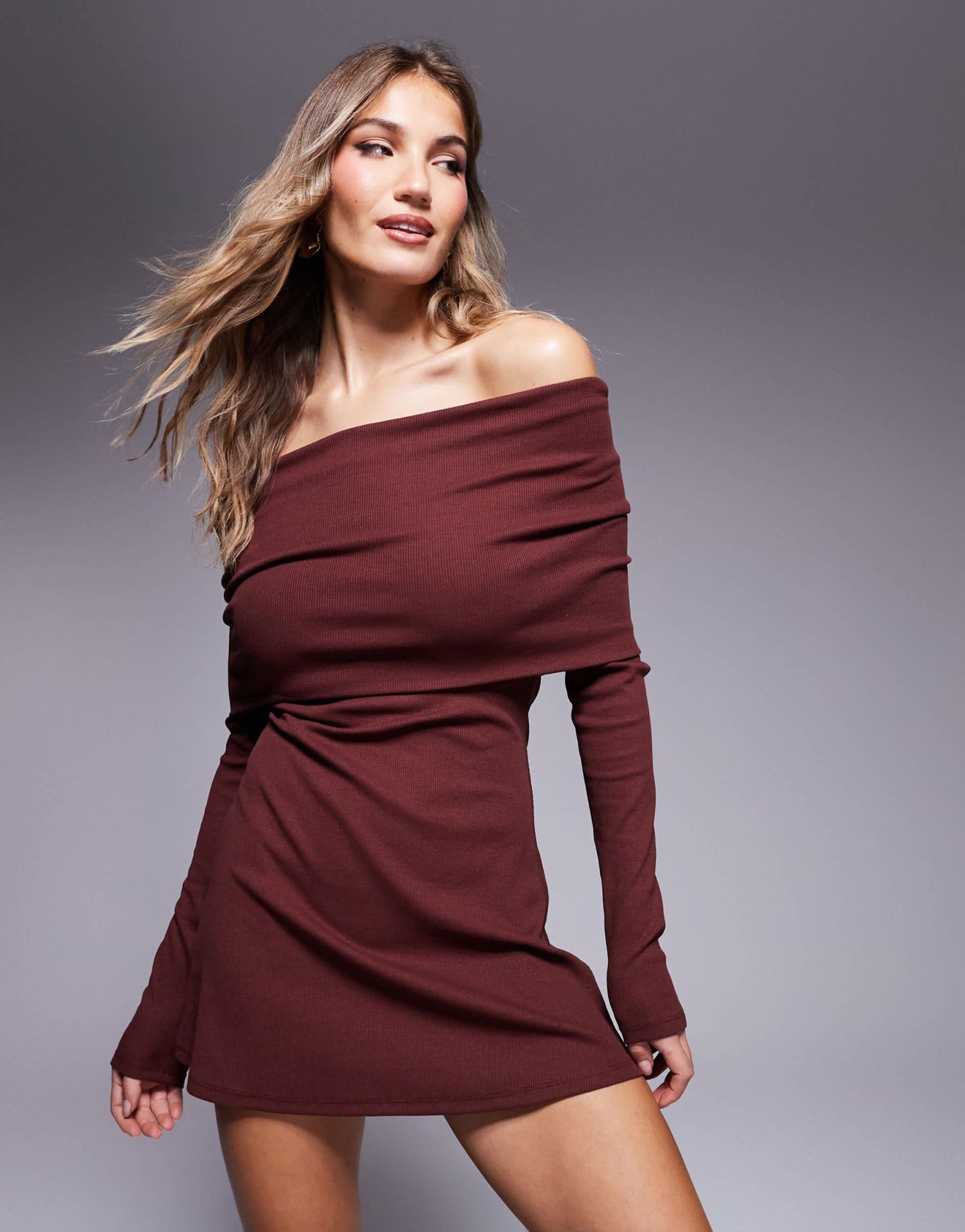 ASOS DESIGN ribbed long sleeve bardot mini dress in burgundy - ASOS Sample Sale