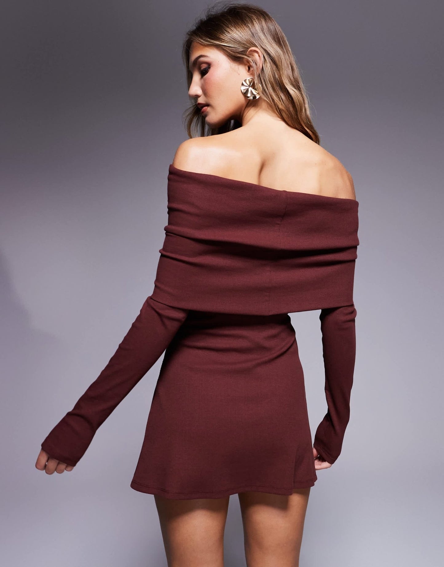 ASOS DESIGN ribbed long sleeve bardot mini dress in burgundy - ASOS Sample Sale
