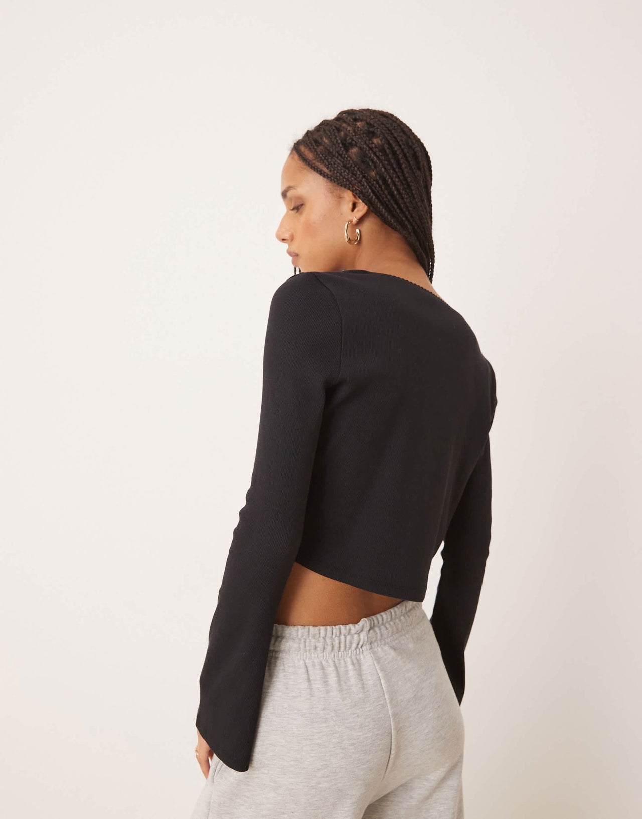 ASOS DESIGN ribbed long sleeve boxy crop top with trim detail in black - ASOS Sample Sale
