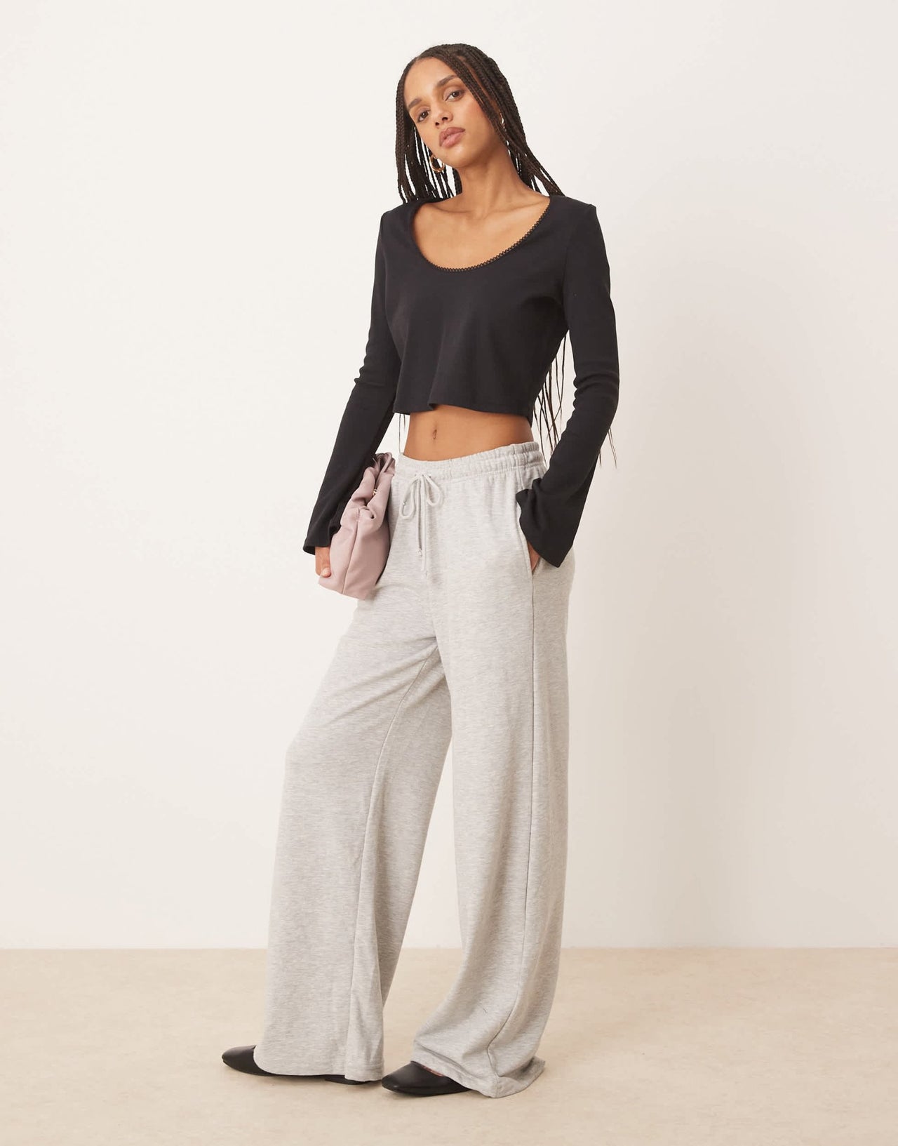 ASOS DESIGN ribbed long sleeve boxy crop top with trim detail in black - ASOS Sample Sale