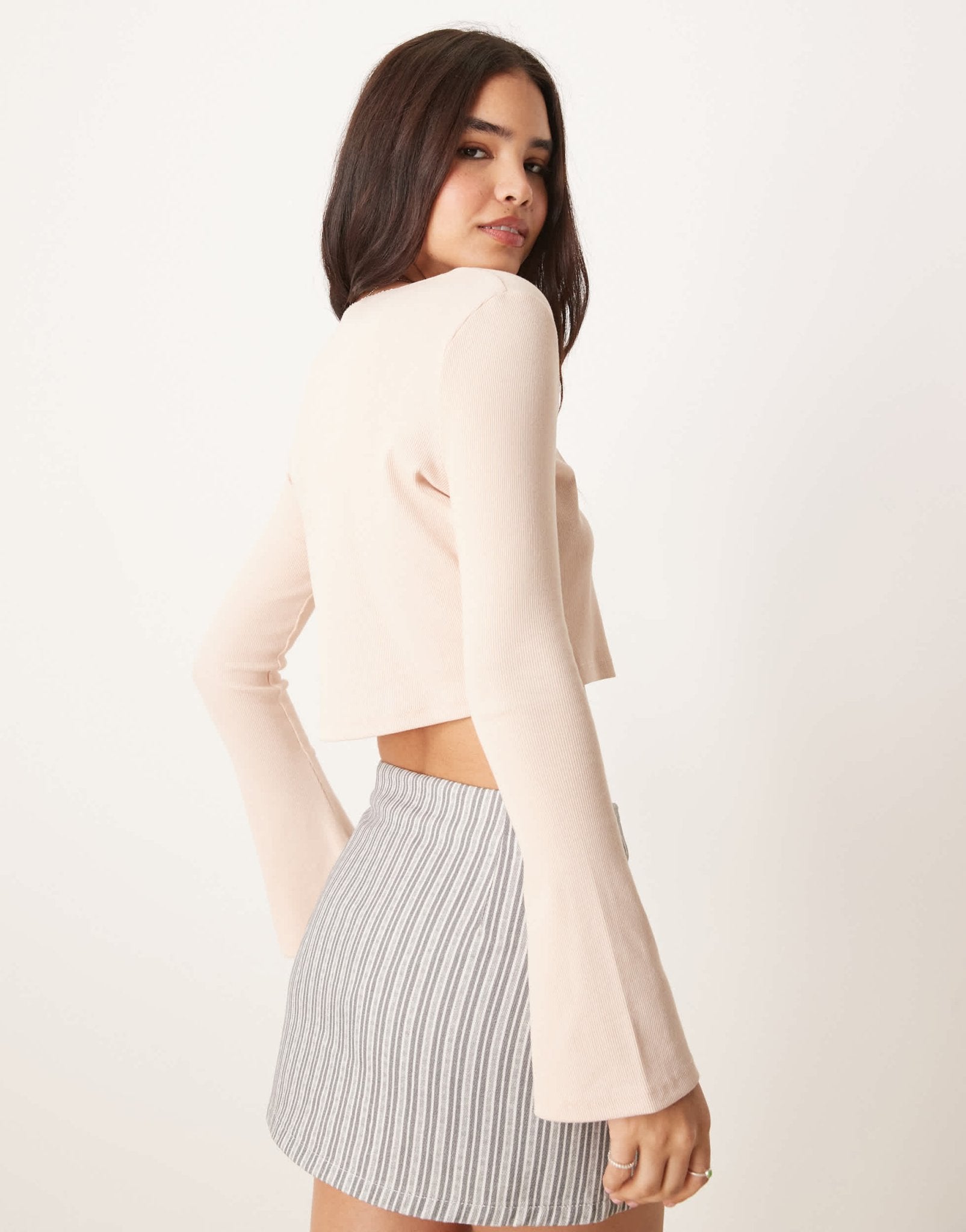 ASOS DESIGN ribbed long sleeve crop top with trim detail in pink - ASOS Sample Sale